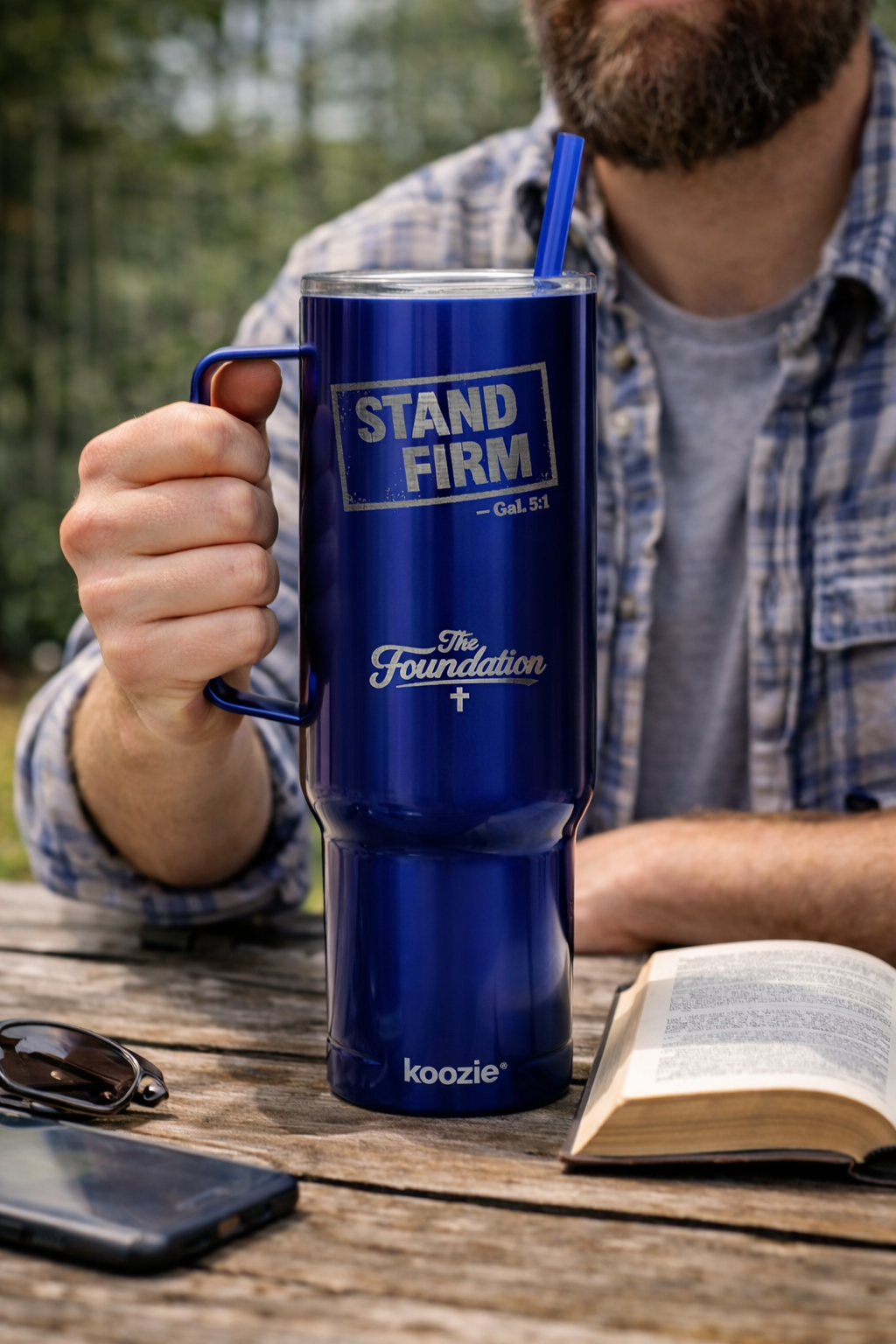 Stand Firm — Galatians 5:1 Engraved 40oz Travel Mug | Insulated Koozie Tumbler with Handle | Christian Faith Gift | The Foundation Collection