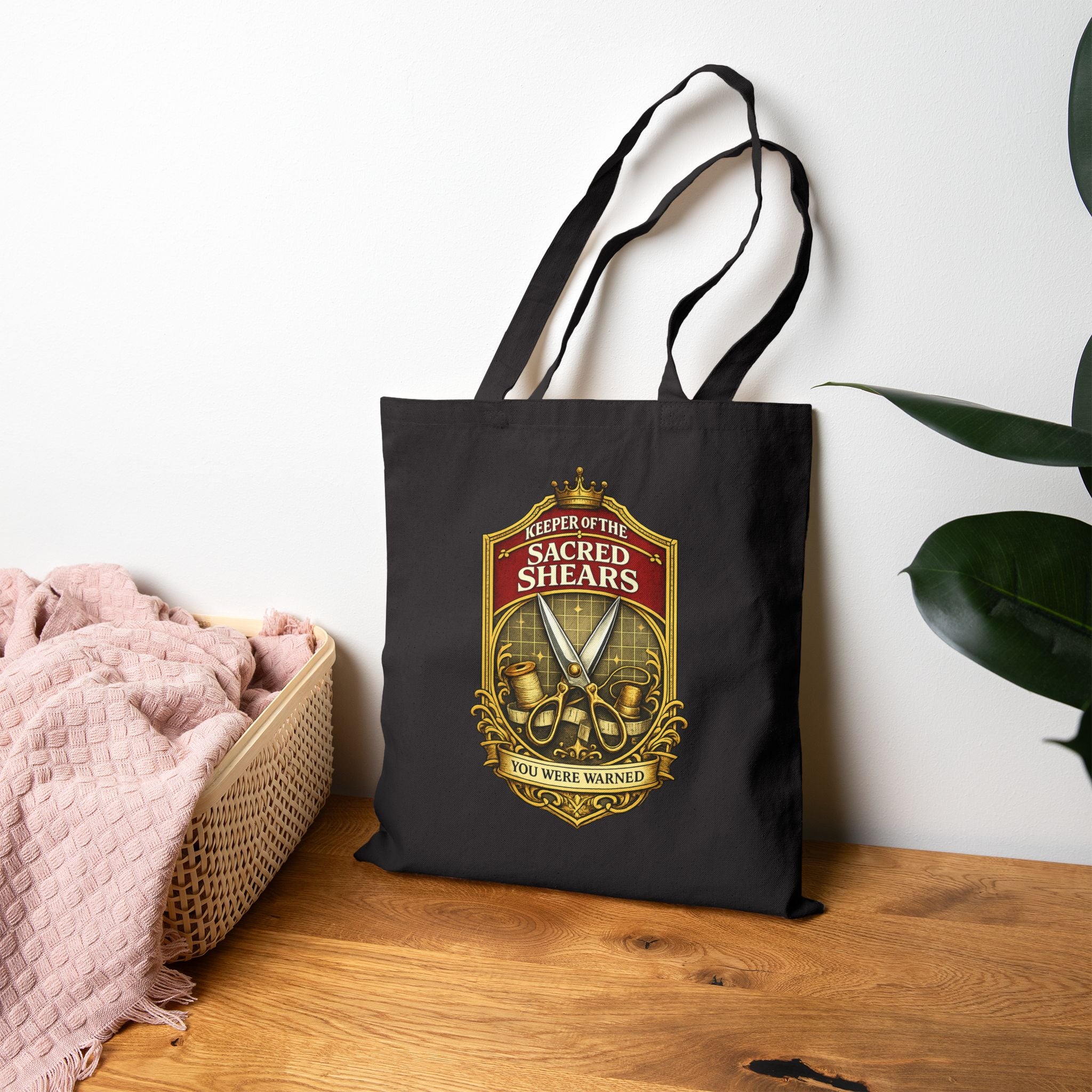 Tote Bag — "Sacred Shears" Sewing Humor Canvas Tote ("Consecrated for Fabric Only — Violators Will Be Pinking-Sheared")