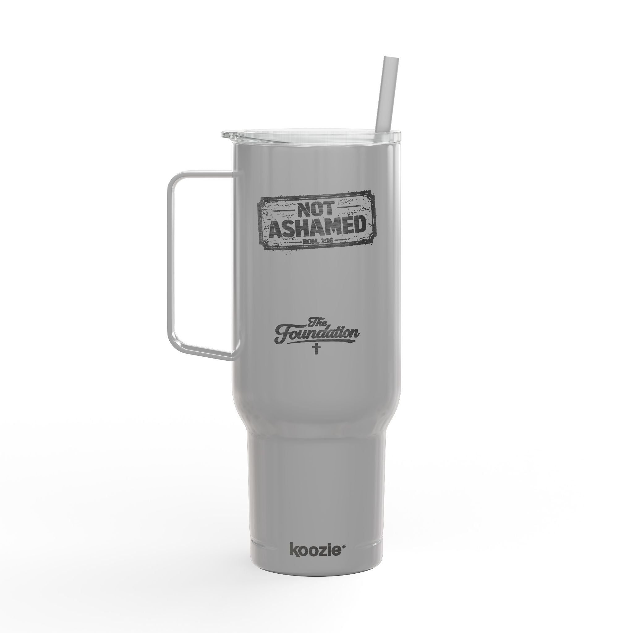 Not Ashamed — Romans 1:16 Engraved 40oz Travel Mug | Insulated Koozie Tumbler with Handle | Christian Statement Gift | The Foundation Collection