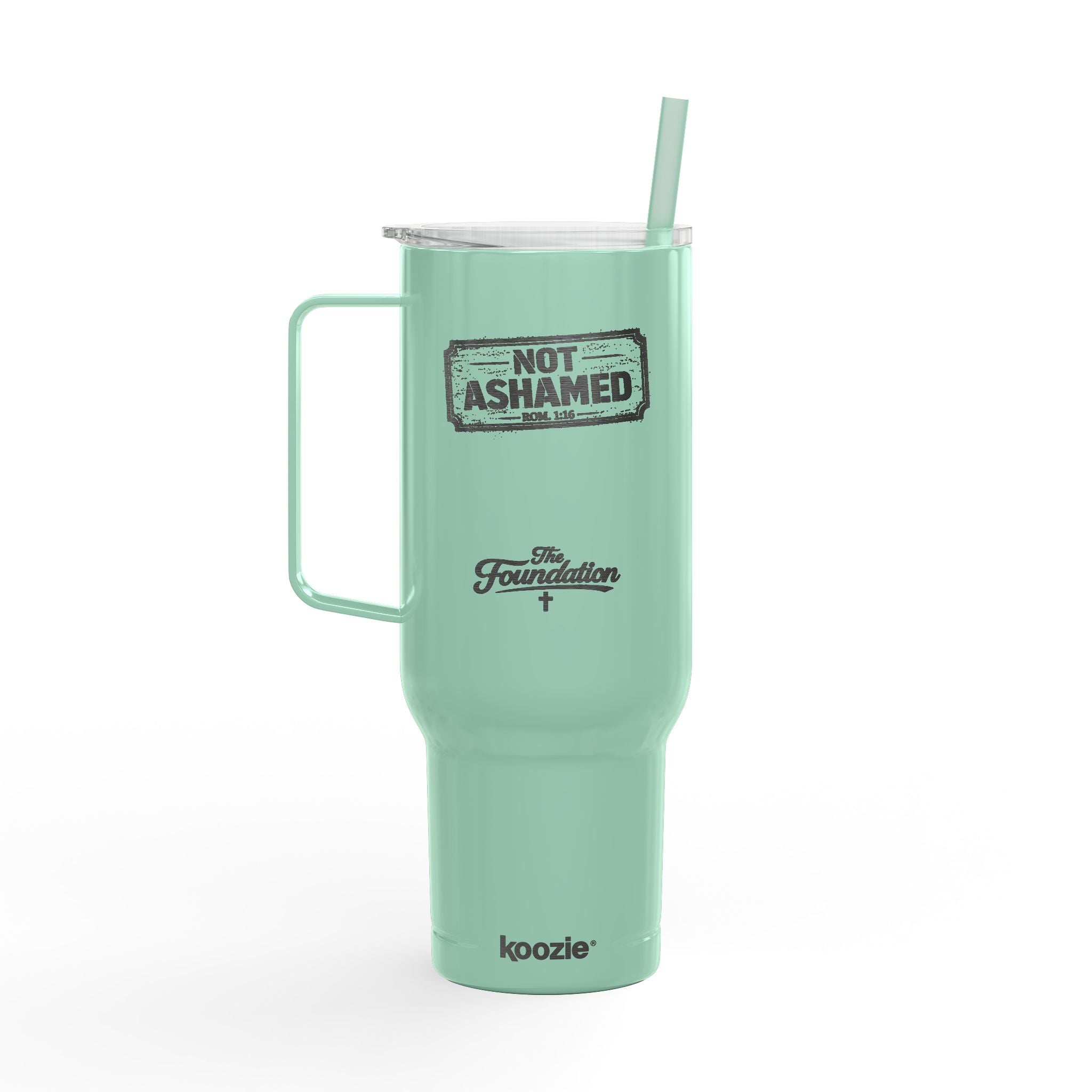 Not Ashamed — Romans 1:16 Engraved 40oz Travel Mug | Insulated Koozie Tumbler with Handle | Christian Statement Gift | The Foundation Collection