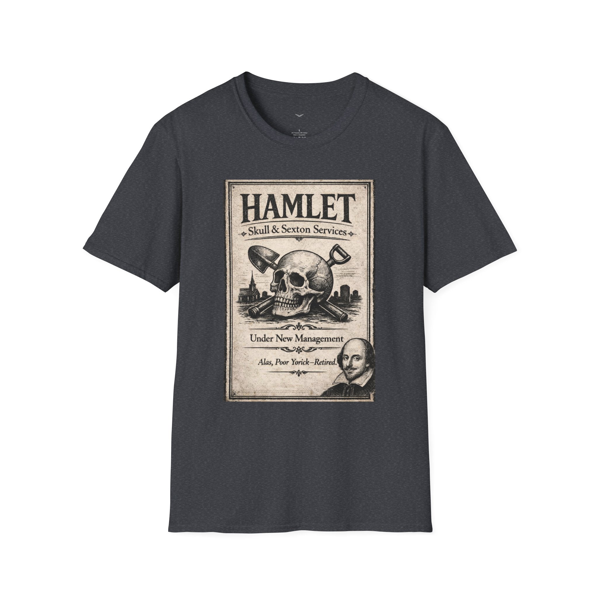 Hamlet Skull & Sexton Services T-Shirt — Vintage Literary Humor Tee