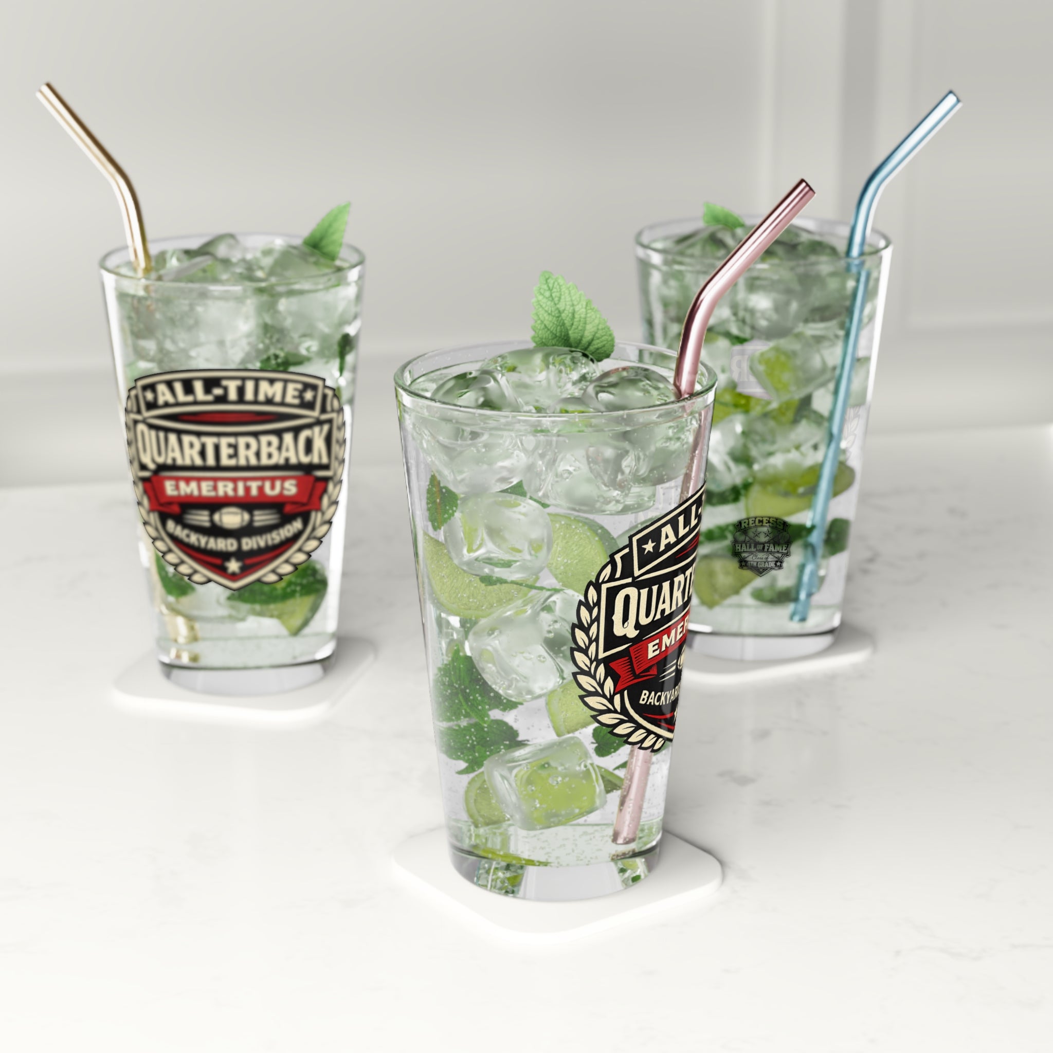 "All-Time Quarterback, Emeritus" — 16oz Pint Glass for Home Bar, Gifts & Parties