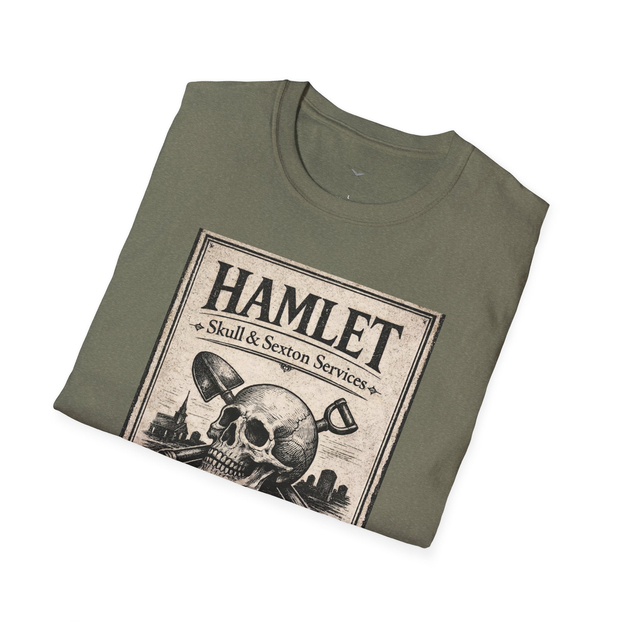 Hamlet Skull & Sexton Services T-Shirt — Vintage Literary Humor Tee