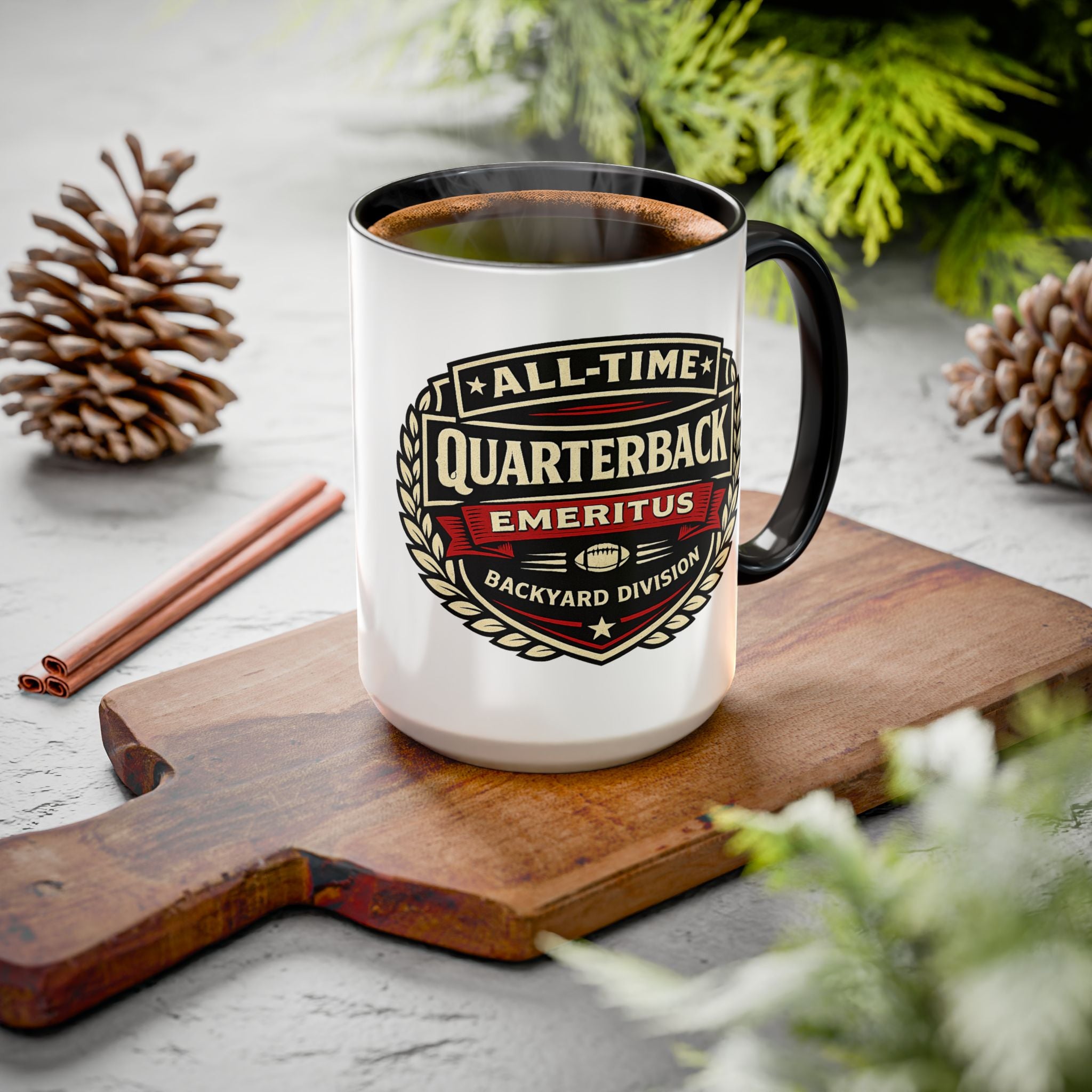 Mug - 'All-Time Quarterback Emeritus' Vintage Football Crest Coffee Mug (11oz/15oz)