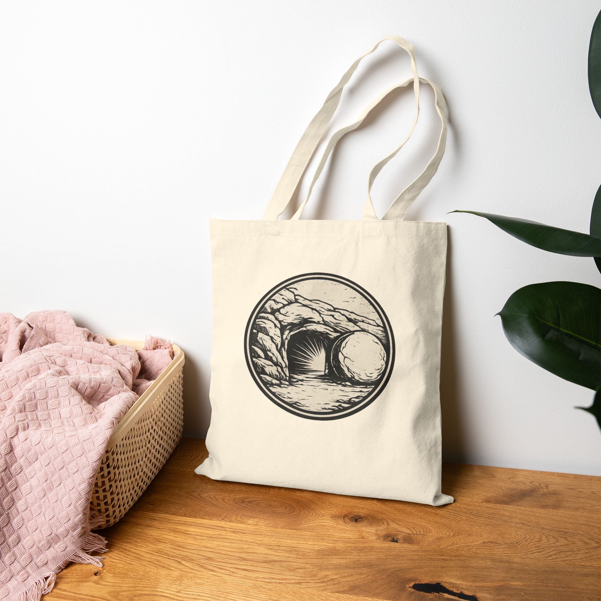 Canvas Tote Bag — Minimal Matthew 28:6 "He Is Risen" Design / Cave Resurrection Illustration