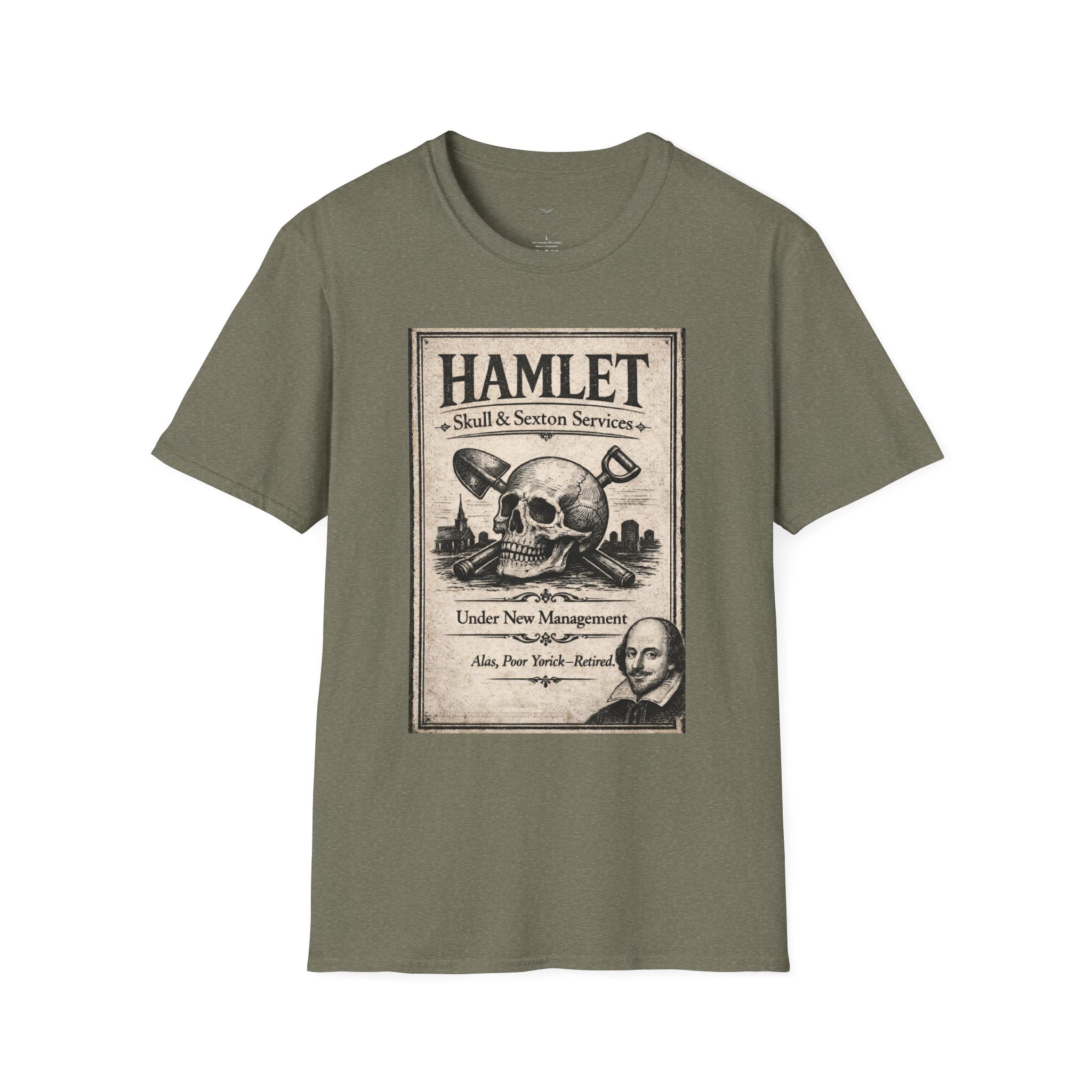 Hamlet Skull & Sexton Services T-Shirt — Vintage Literary Humor Tee