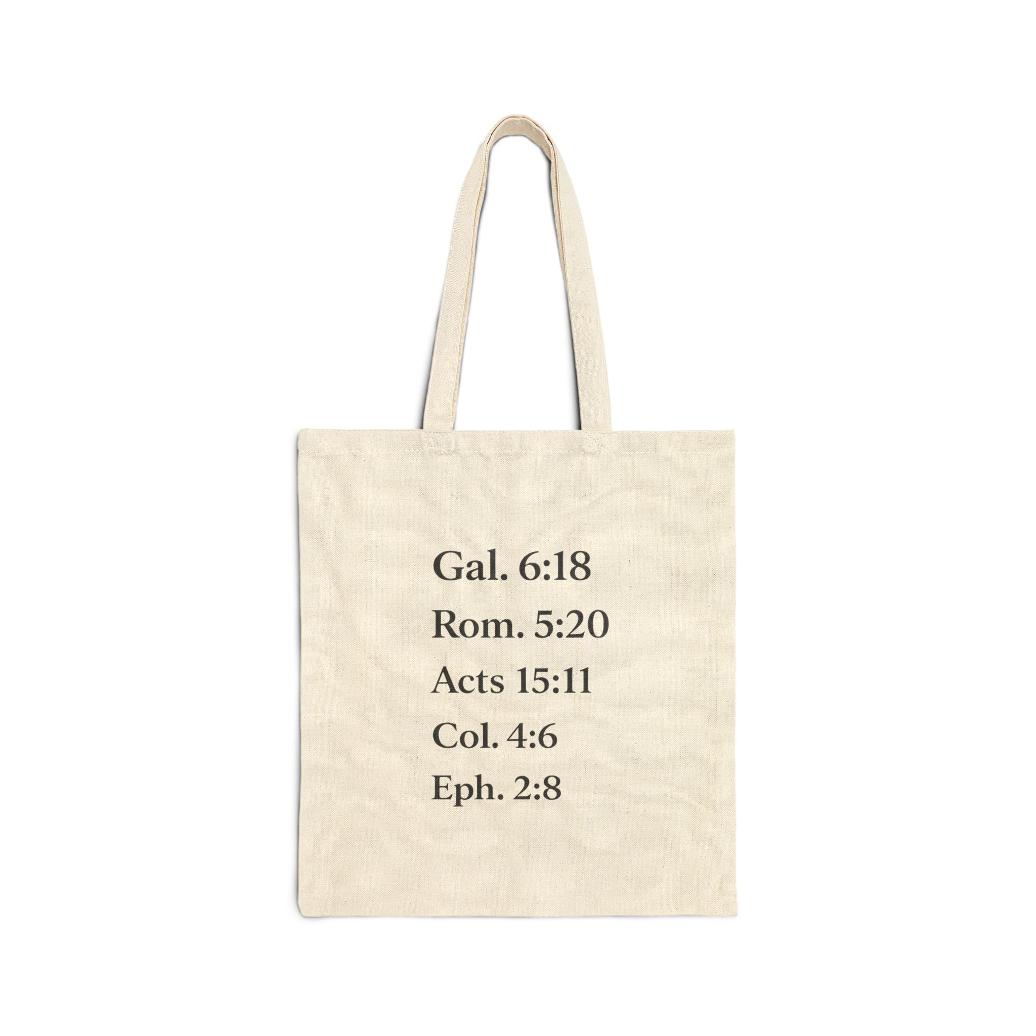 Grace Scripture Tote Bag — Cotton Canvas Bible Verse Grocery Tote (Gal. 6:18, Rom. 5:20)