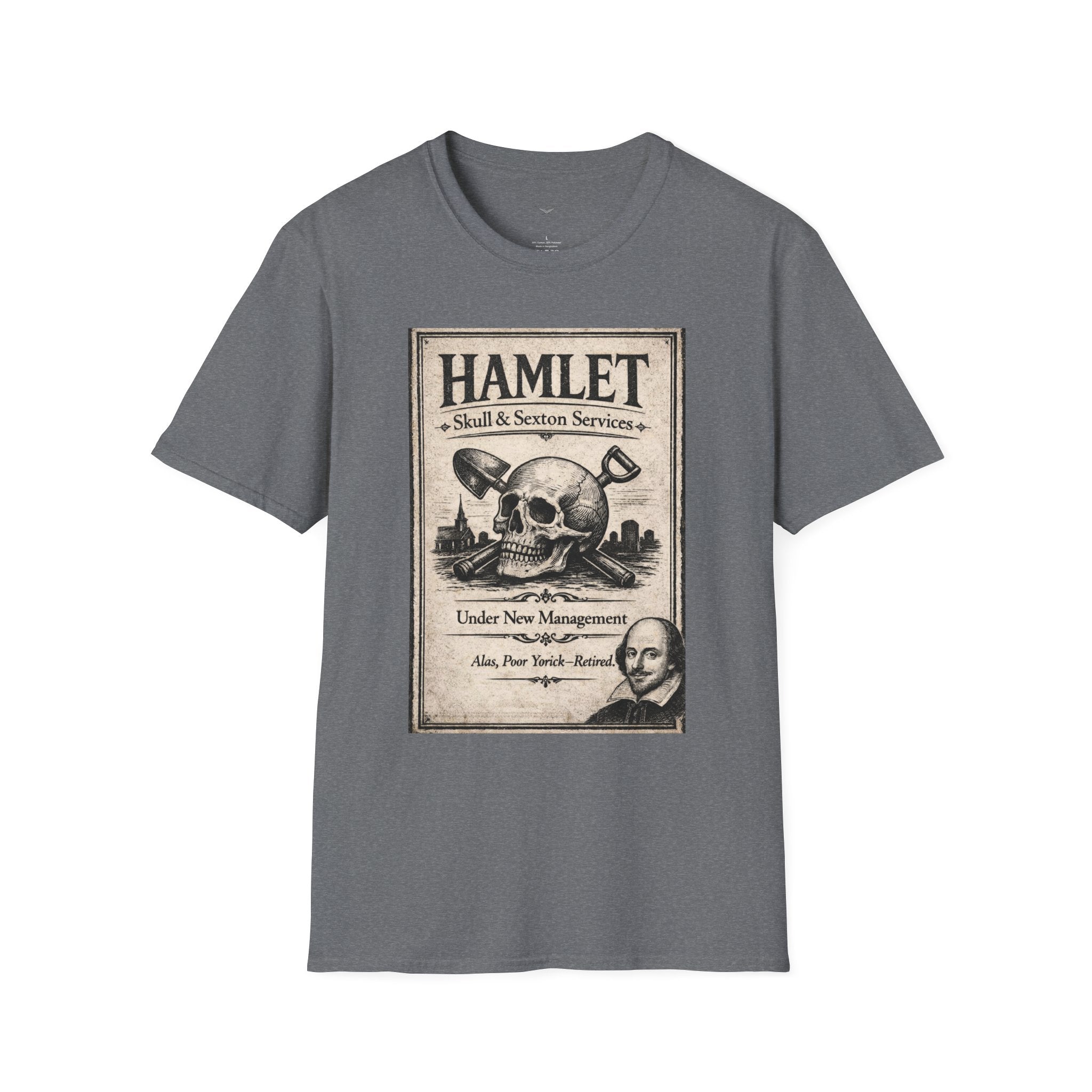 Hamlet Skull & Sexton Services T-Shirt — Vintage Literary Humor Tee