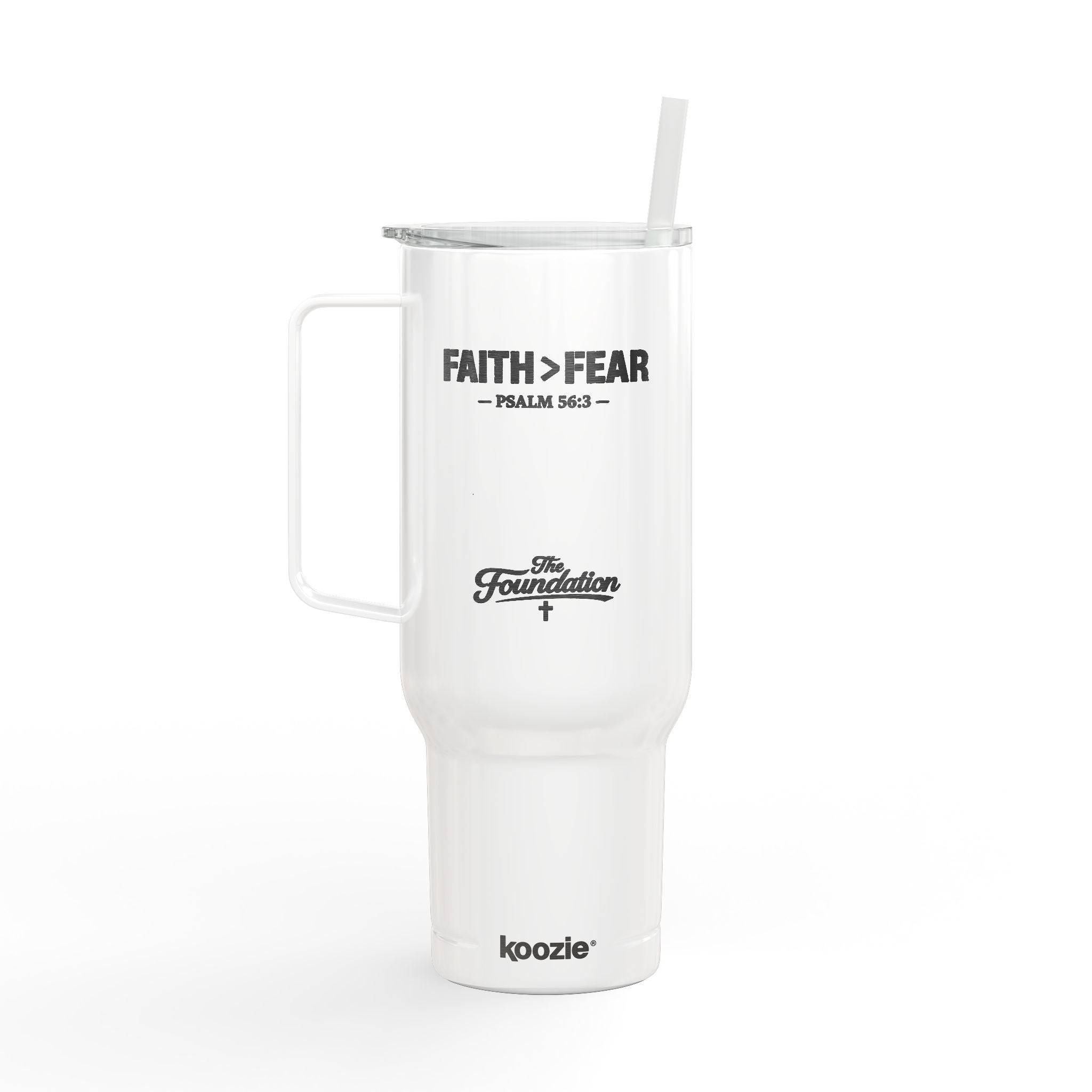 Faith > Fear — Psalm 56:3 Engraved 40oz Travel Mug | Insulated Koozie Tumbler with Handle | Christian Gift | The Foundation Collection