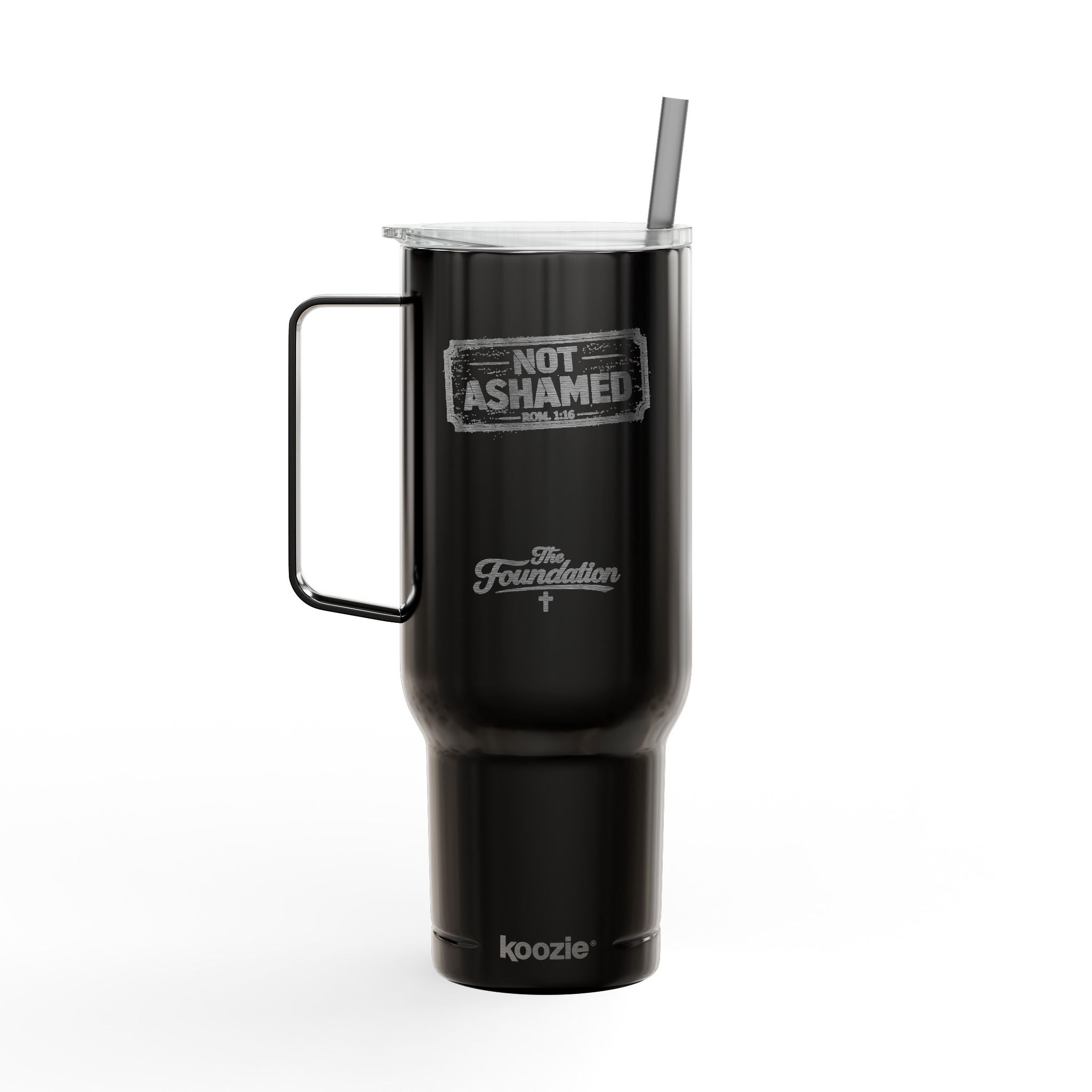 Not Ashamed — Romans 1:16 Engraved 40oz Travel Mug | Insulated Koozie Tumbler with Handle | Christian Statement Gift | The Foundation Collection