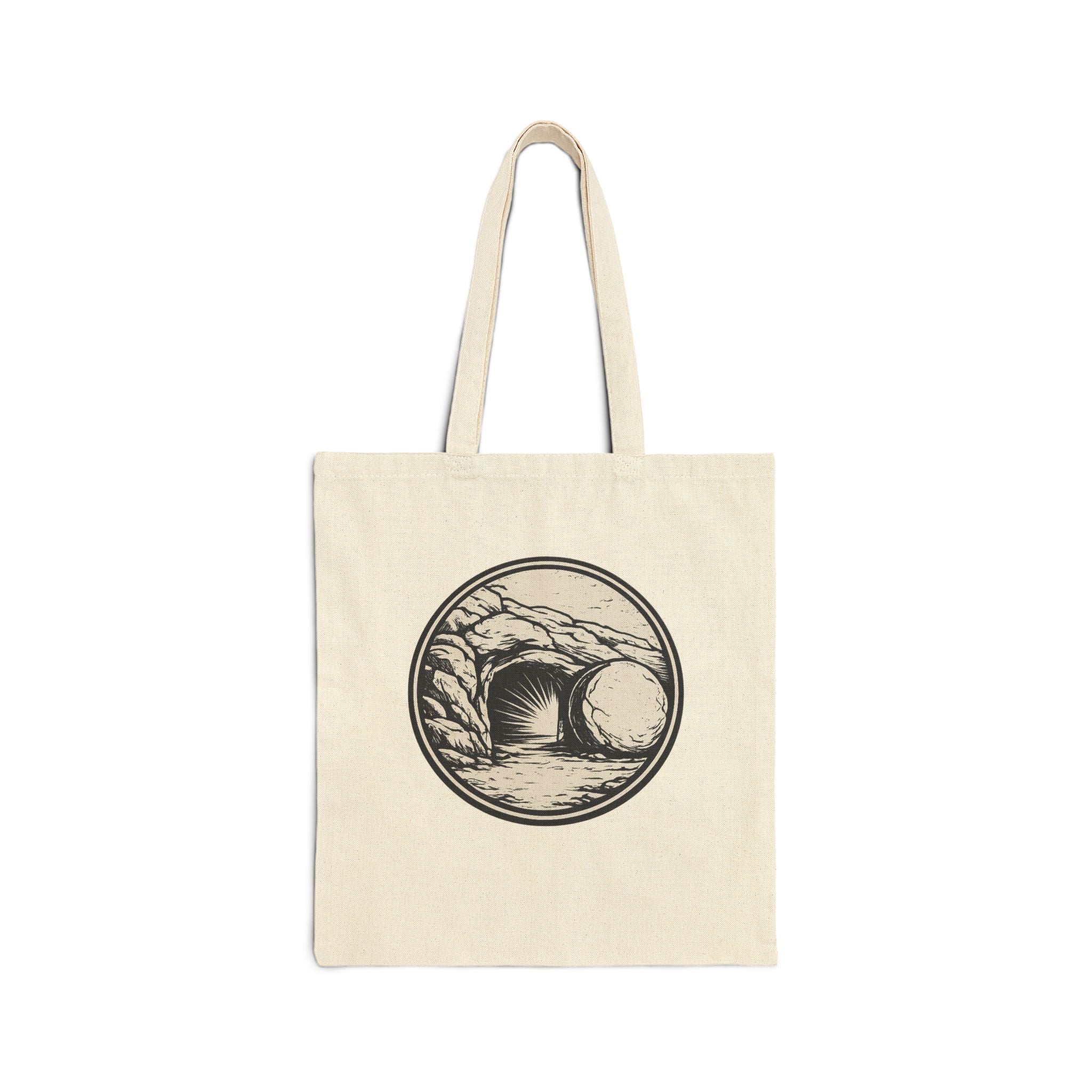 Canvas Tote Bag — Minimal Matthew 28:6 "He Is Risen" Design / Cave Resurrection Illustration