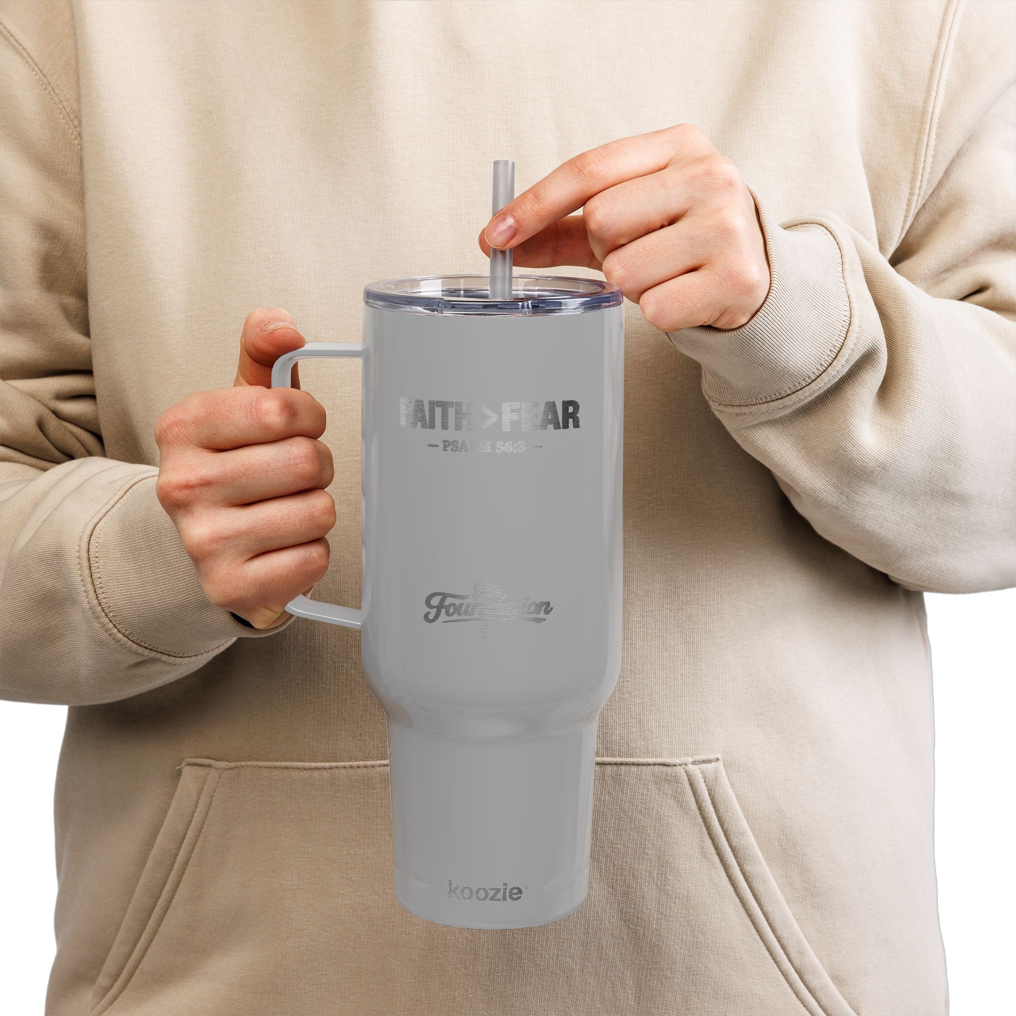 Faith > Fear — Psalm 56:3 Engraved 40oz Travel Mug | Insulated Koozie Tumbler with Handle | Christian Gift | The Foundation Collection