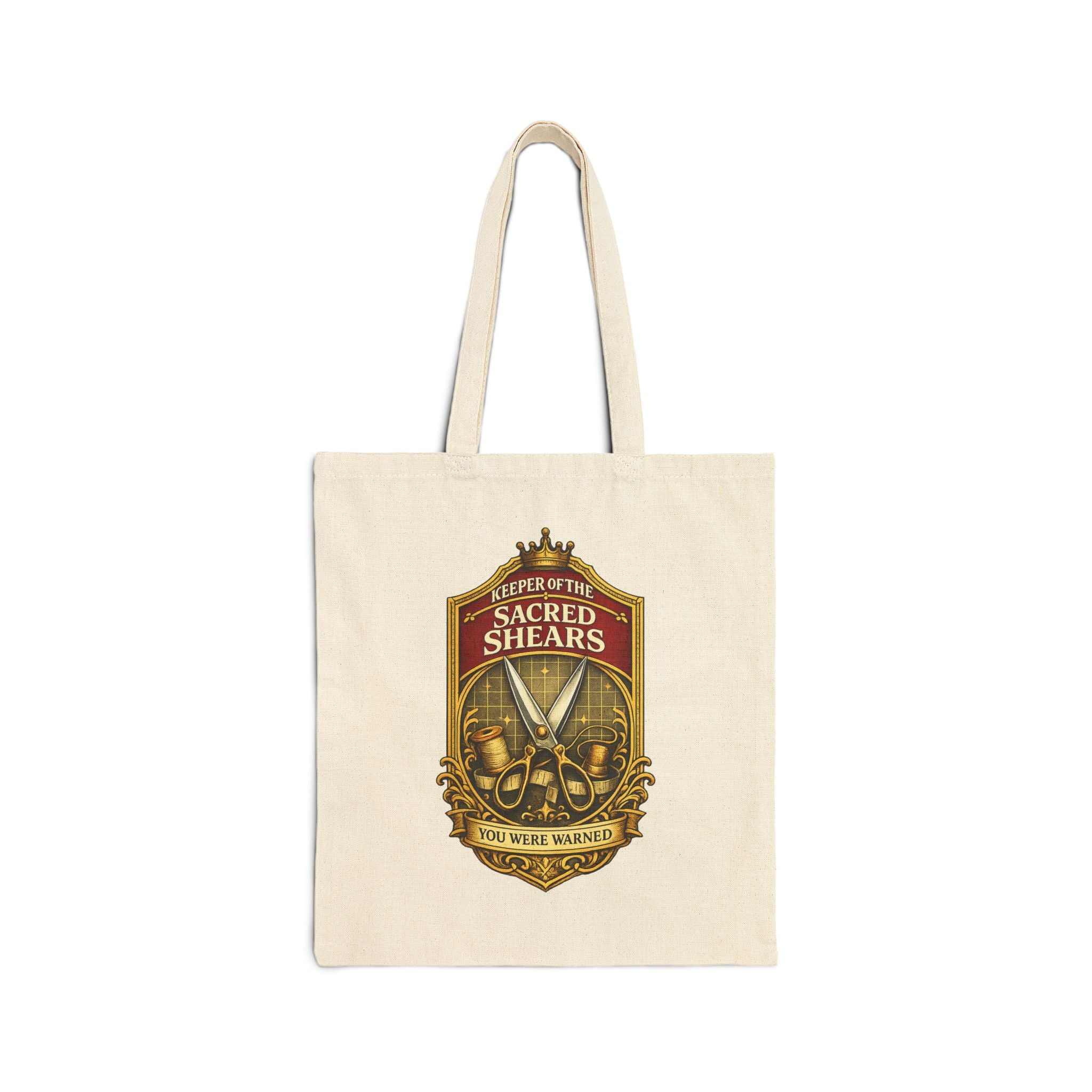 Tote Bag — "Sacred Shears" Sewing Humor Canvas Tote ("Consecrated for Fabric Only — Violators Will Be Pinking-Sheared")