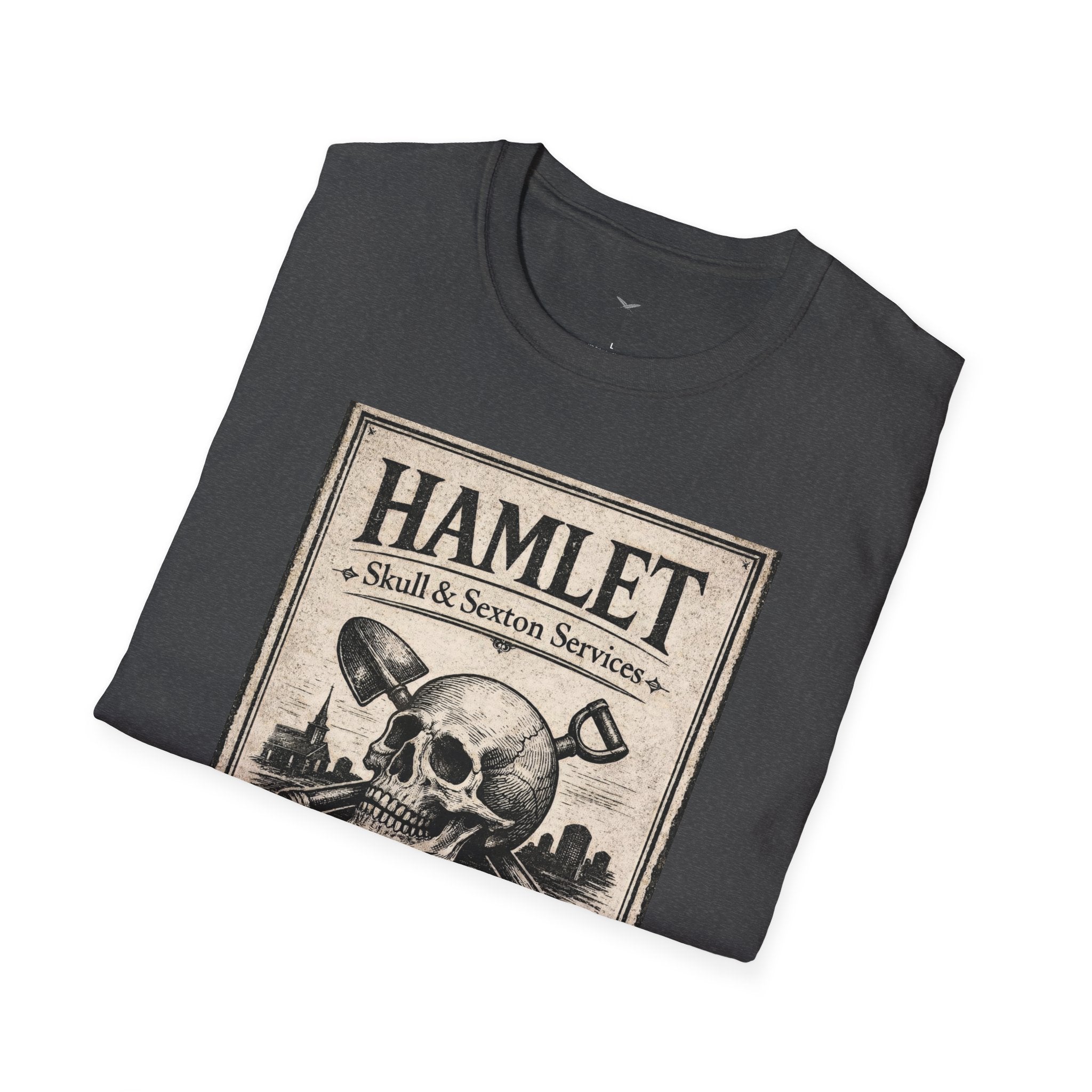 Hamlet Skull & Sexton Services T-Shirt — Vintage Literary Humor Tee