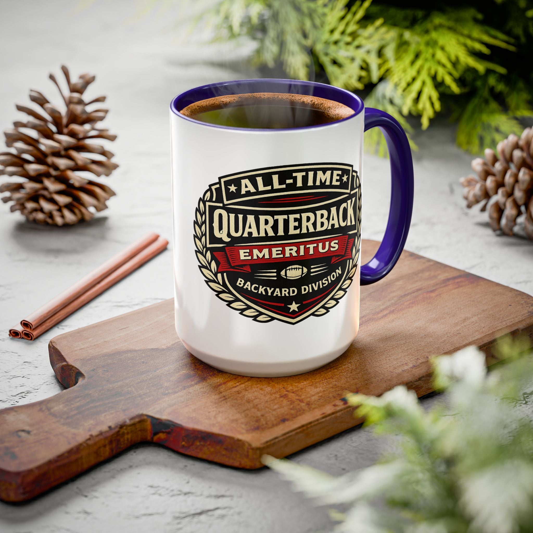 Mug - 'All-Time Quarterback Emeritus' Vintage Football Crest Coffee Mug (11oz/15oz)