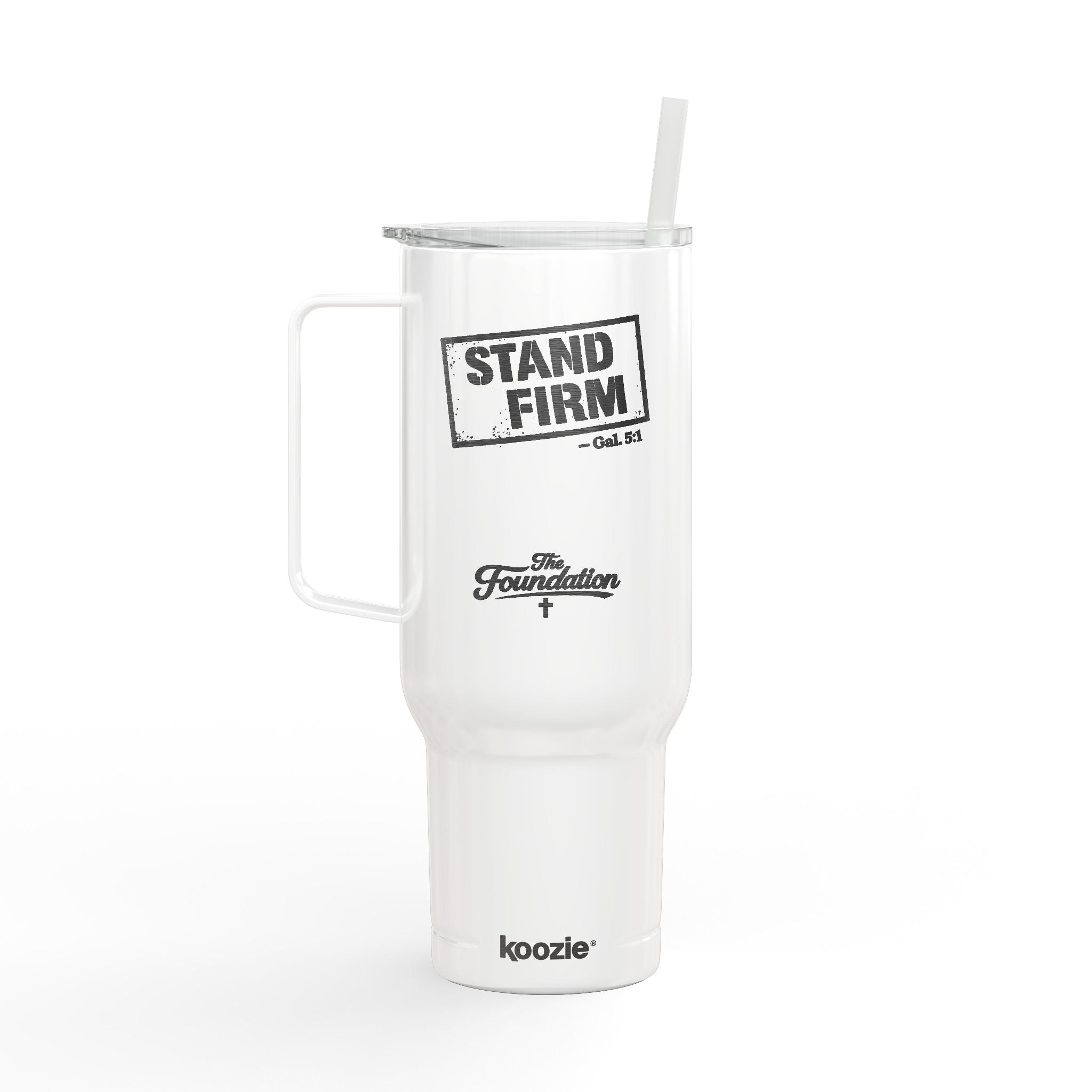 Stand Firm — Galatians 5:1 Engraved 40oz Travel Mug | Insulated Koozie Tumbler with Handle | Christian Faith Gift | The Foundation Collection