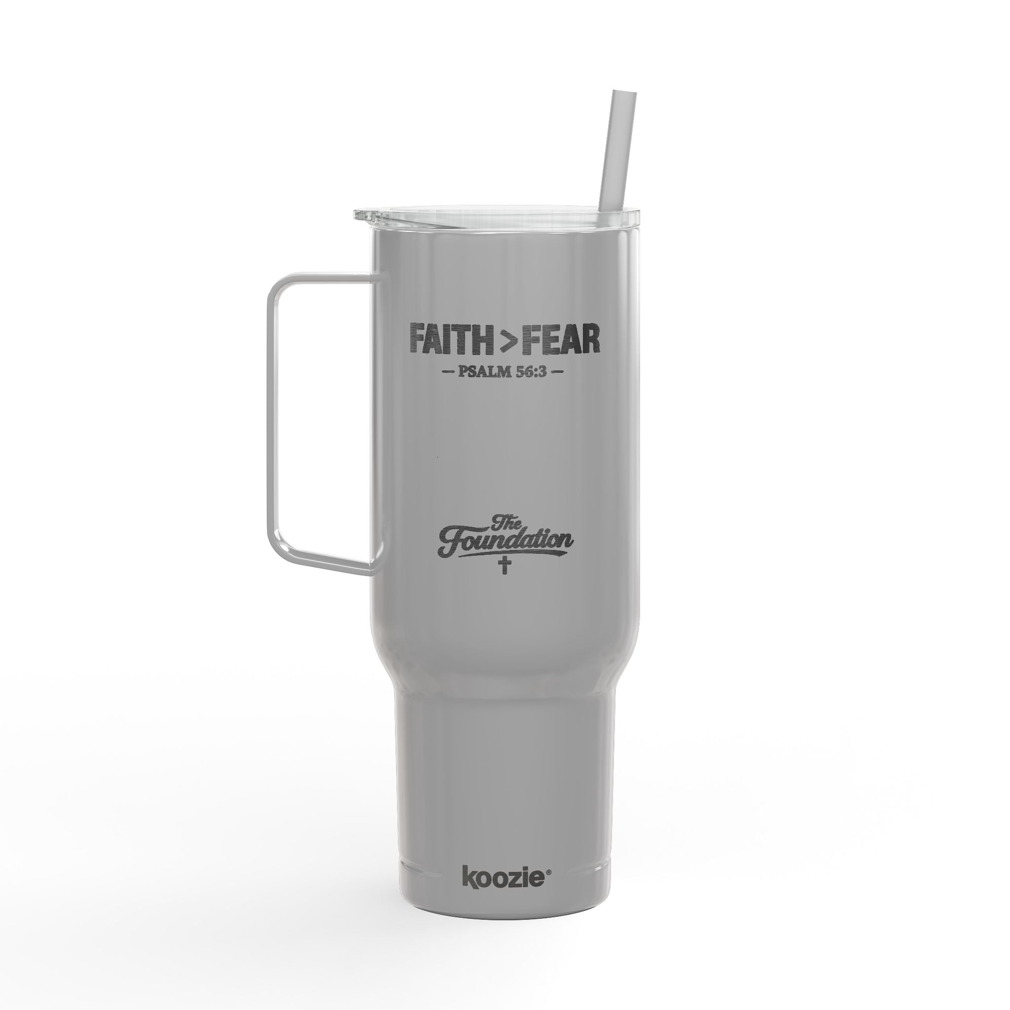 Faith > Fear — Psalm 56:3 Engraved 40oz Travel Mug | Insulated Koozie Tumbler with Handle | Christian Gift | The Foundation Collection