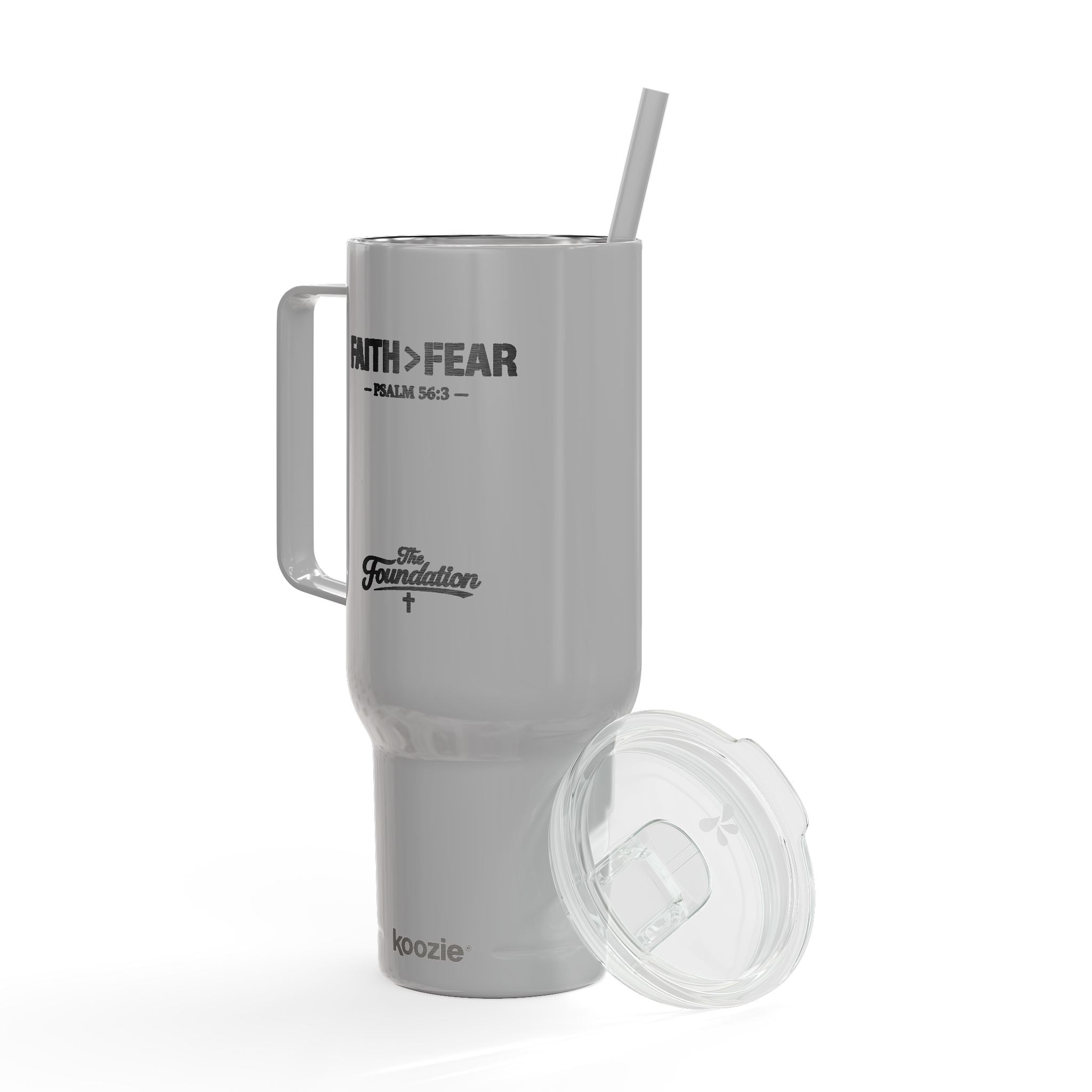 Faith > Fear — Psalm 56:3 Engraved 40oz Travel Mug | Insulated Koozie Tumbler with Handle | Christian Gift | The Foundation Collection