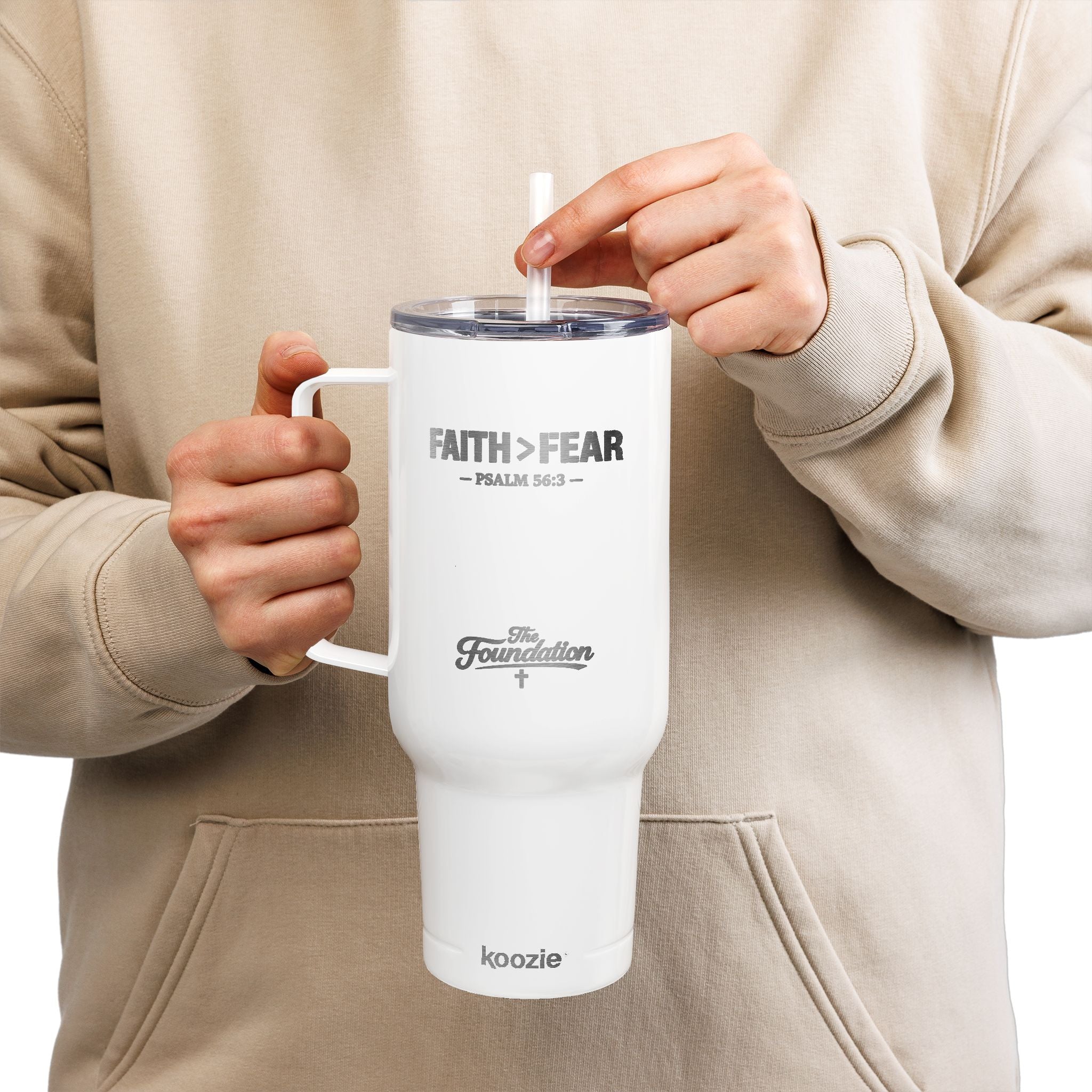 Faith > Fear — Psalm 56:3 Engraved 40oz Travel Mug | Insulated Koozie Tumbler with Handle | Christian Gift | The Foundation Collection