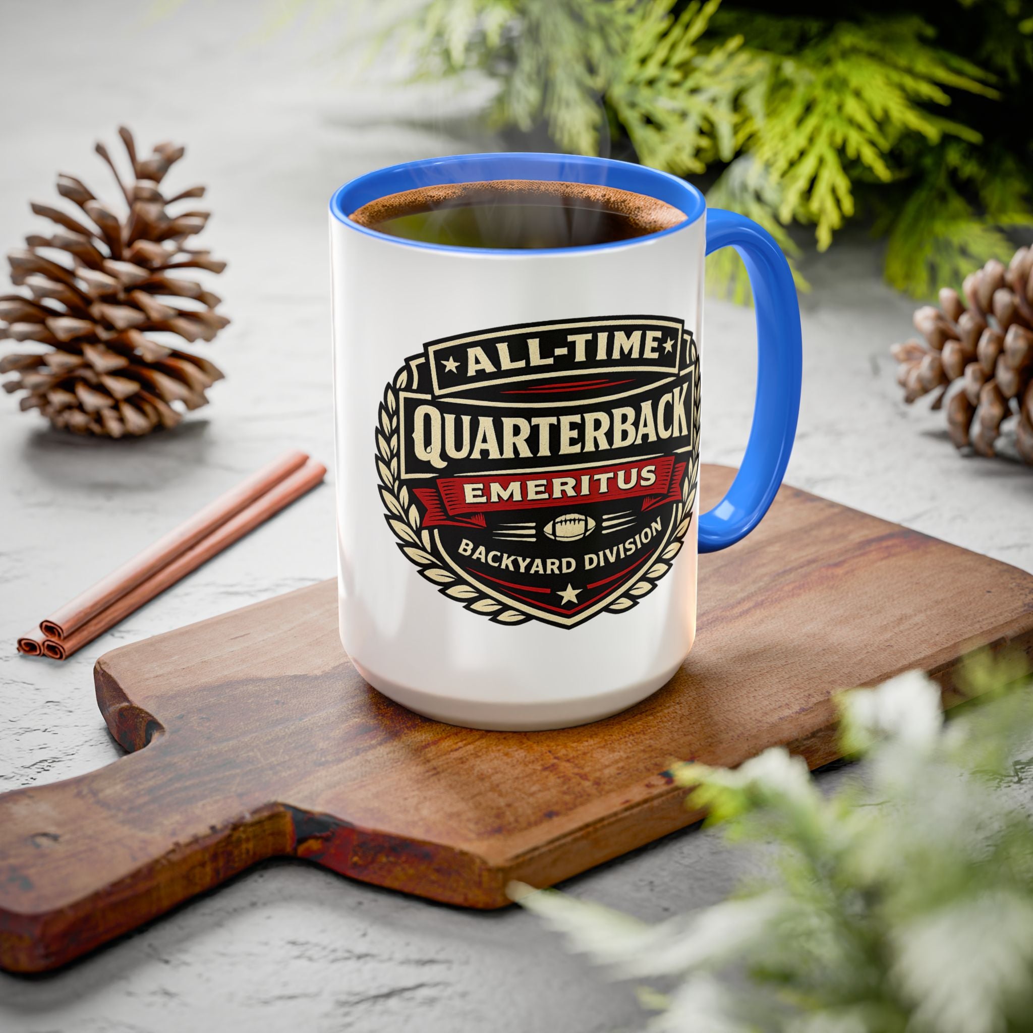 Mug - 'All-Time Quarterback Emeritus' Vintage Football Crest Coffee Mug (11oz/15oz)