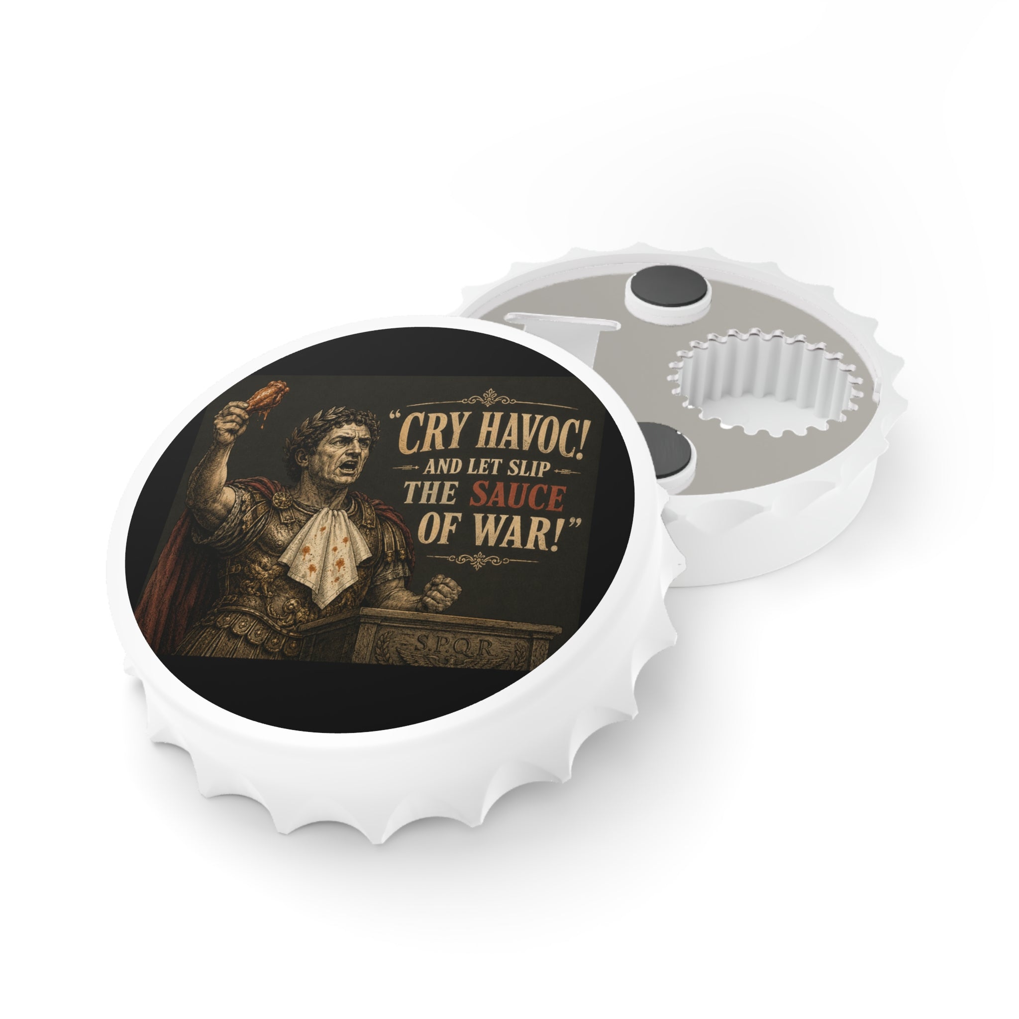 Bottle Opener — “Cry Havoc! And Let Slip The Sauce of War” Roman Sauce Comedy Bar Tool