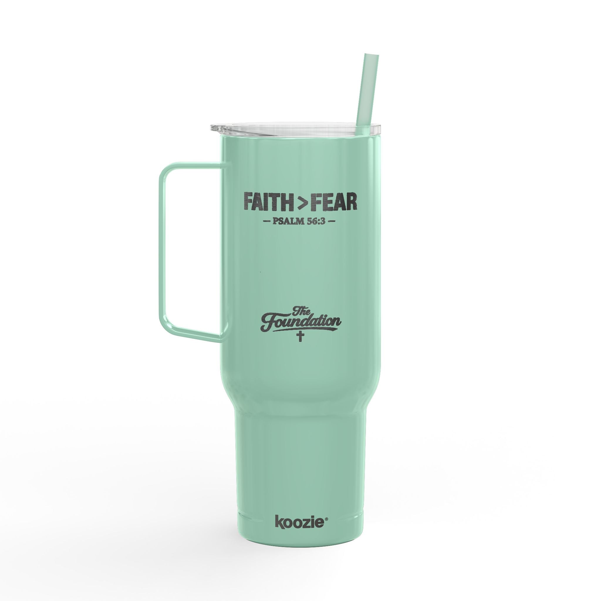 Faith > Fear — Psalm 56:3 Engraved 40oz Travel Mug | Insulated Koozie Tumbler with Handle | Christian Gift | The Foundation Collection
