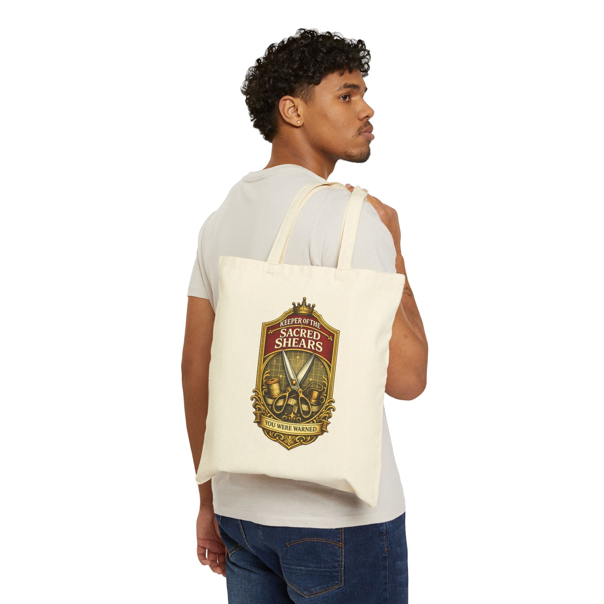 Tote Bag — "Sacred Shears" Sewing Humor Canvas Tote ("Consecrated for Fabric Only — Violators Will Be Pinking-Sheared")