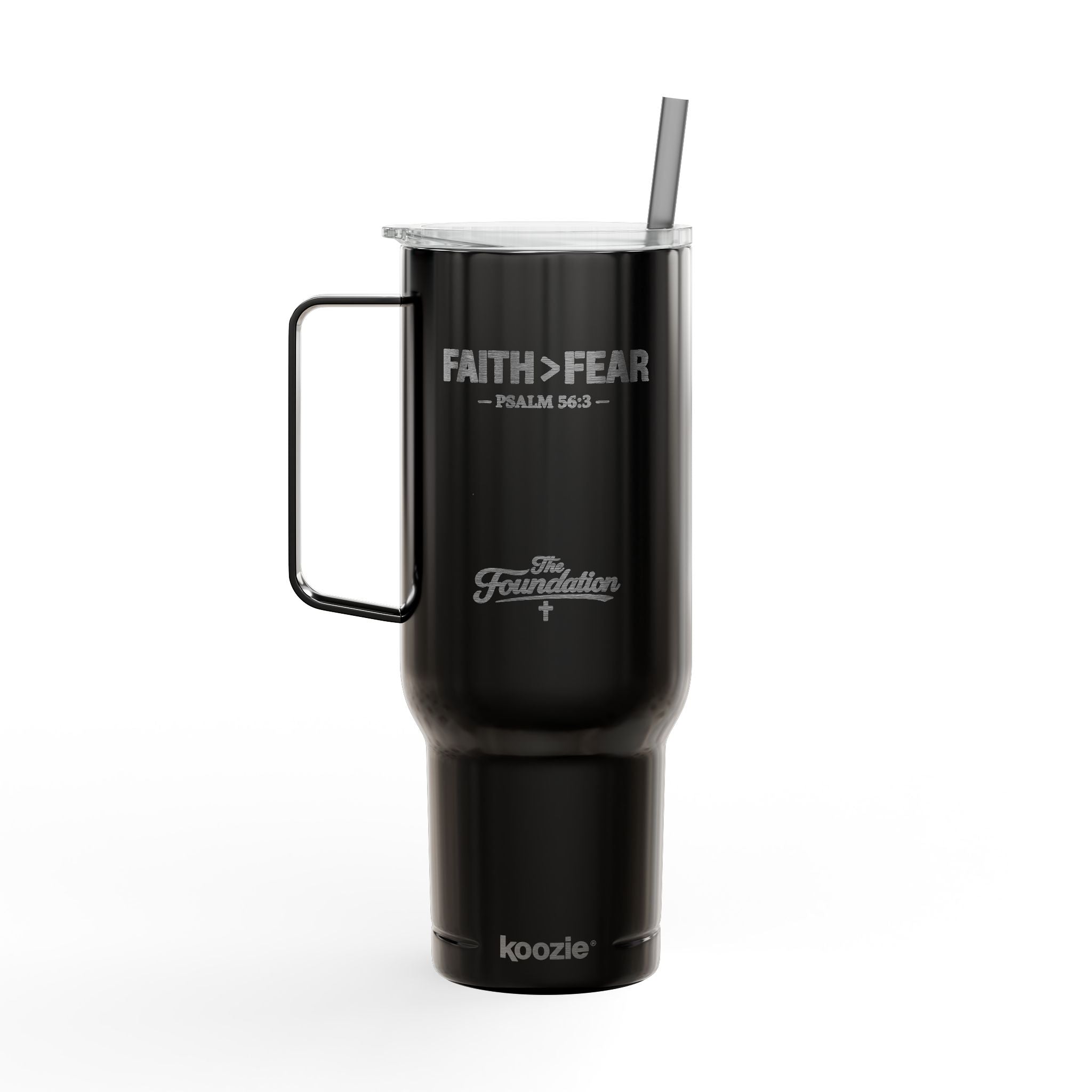 Faith > Fear — Psalm 56:3 Engraved 40oz Travel Mug | Insulated Koozie Tumbler with Handle | Christian Gift | The Foundation Collection