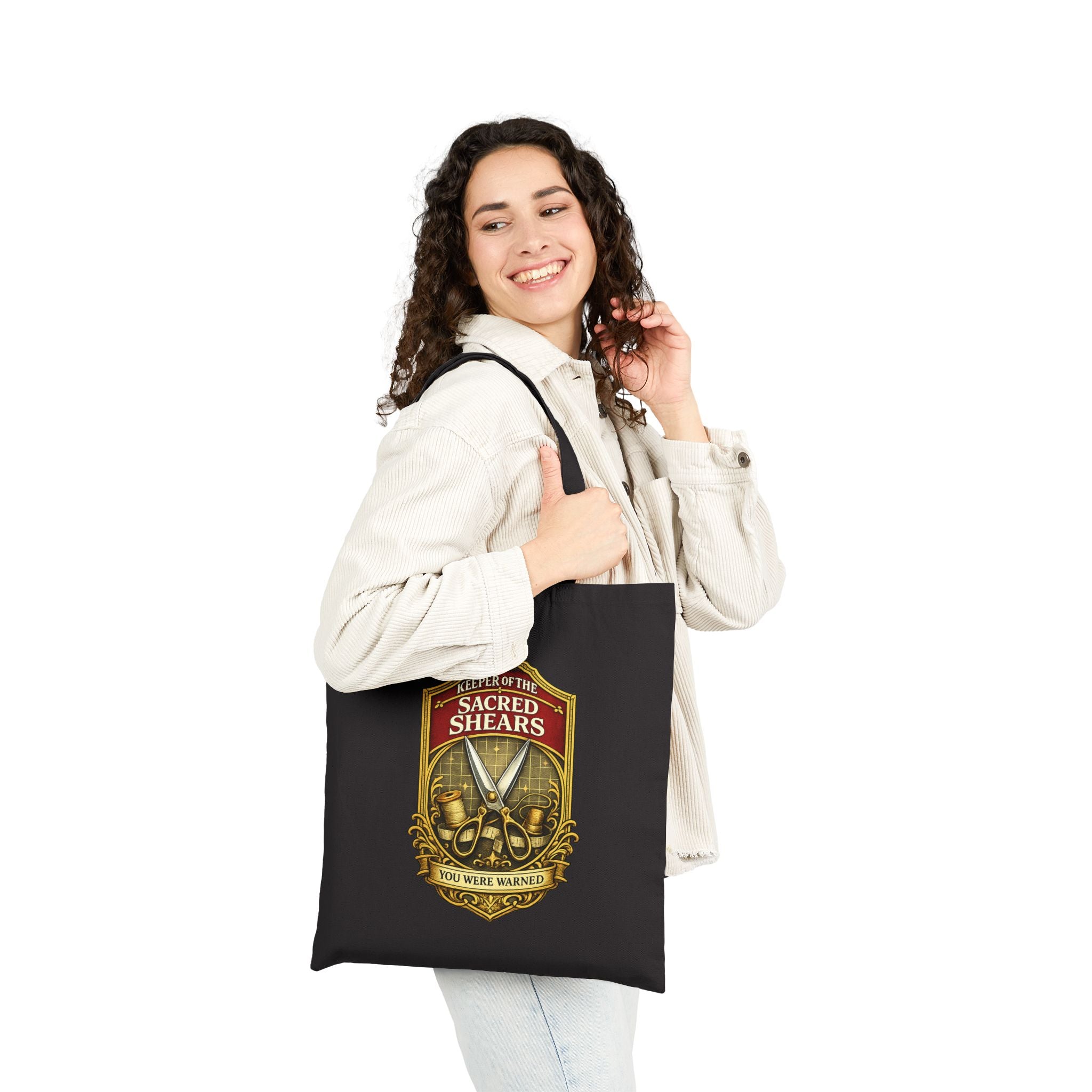 Tote Bag — "Sacred Shears" Sewing Humor Canvas Tote ("Consecrated for Fabric Only — Violators Will Be Pinking-Sheared")