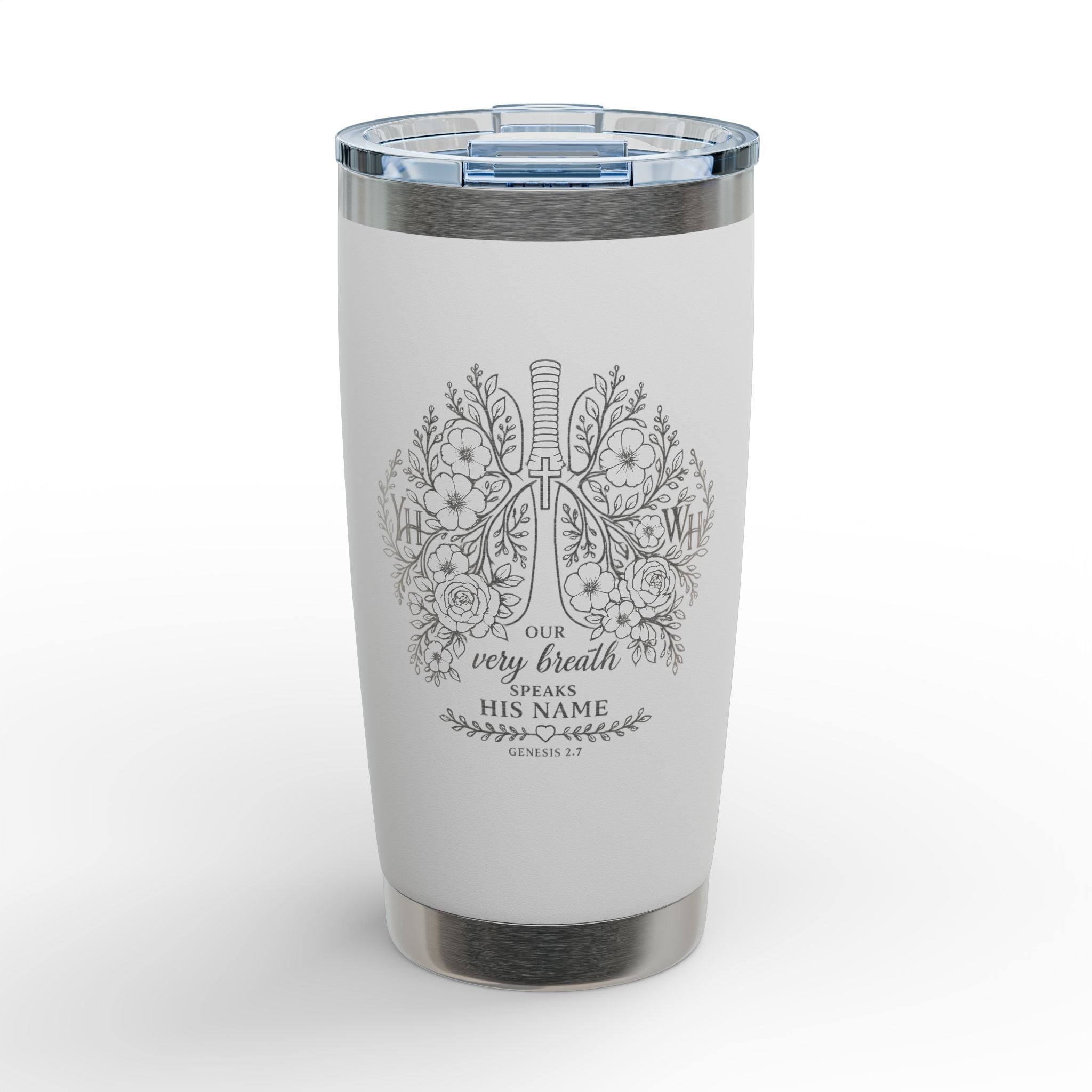 Every Breath Speaks His Name – Genesis 2:7 Engraved 20 oz Tumbler (Botanical Lung Design, YHWH Christian Gift)