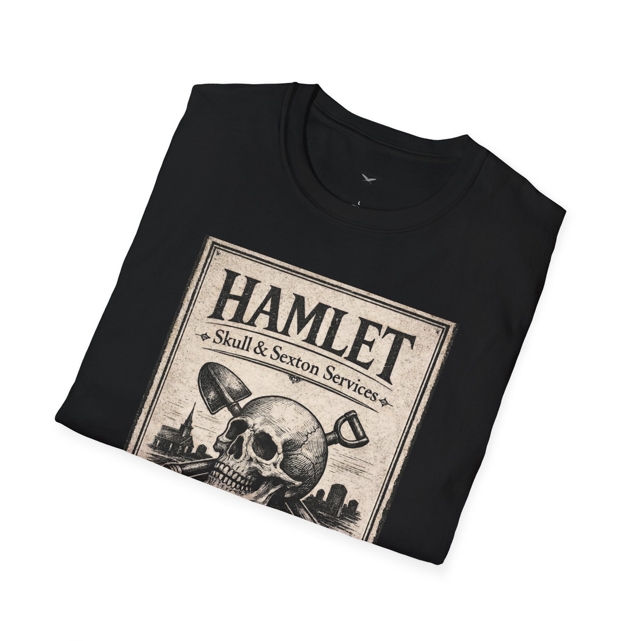 Hamlet Skull & Sexton Services T-Shirt — Vintage Literary Humor Tee