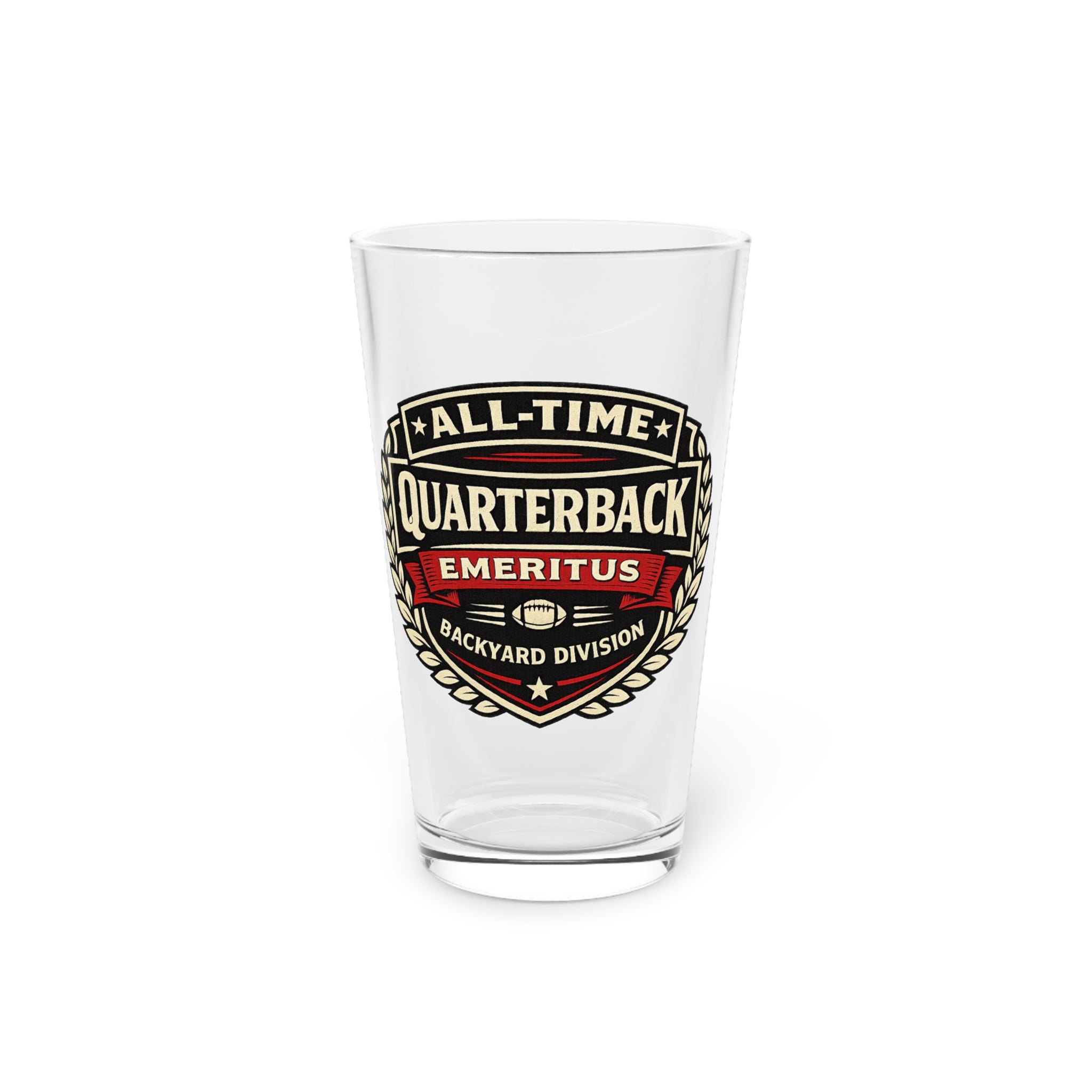 "All-Time Quarterback, Emeritus" — 16oz Pint Glass for Home Bar, Gifts & Parties