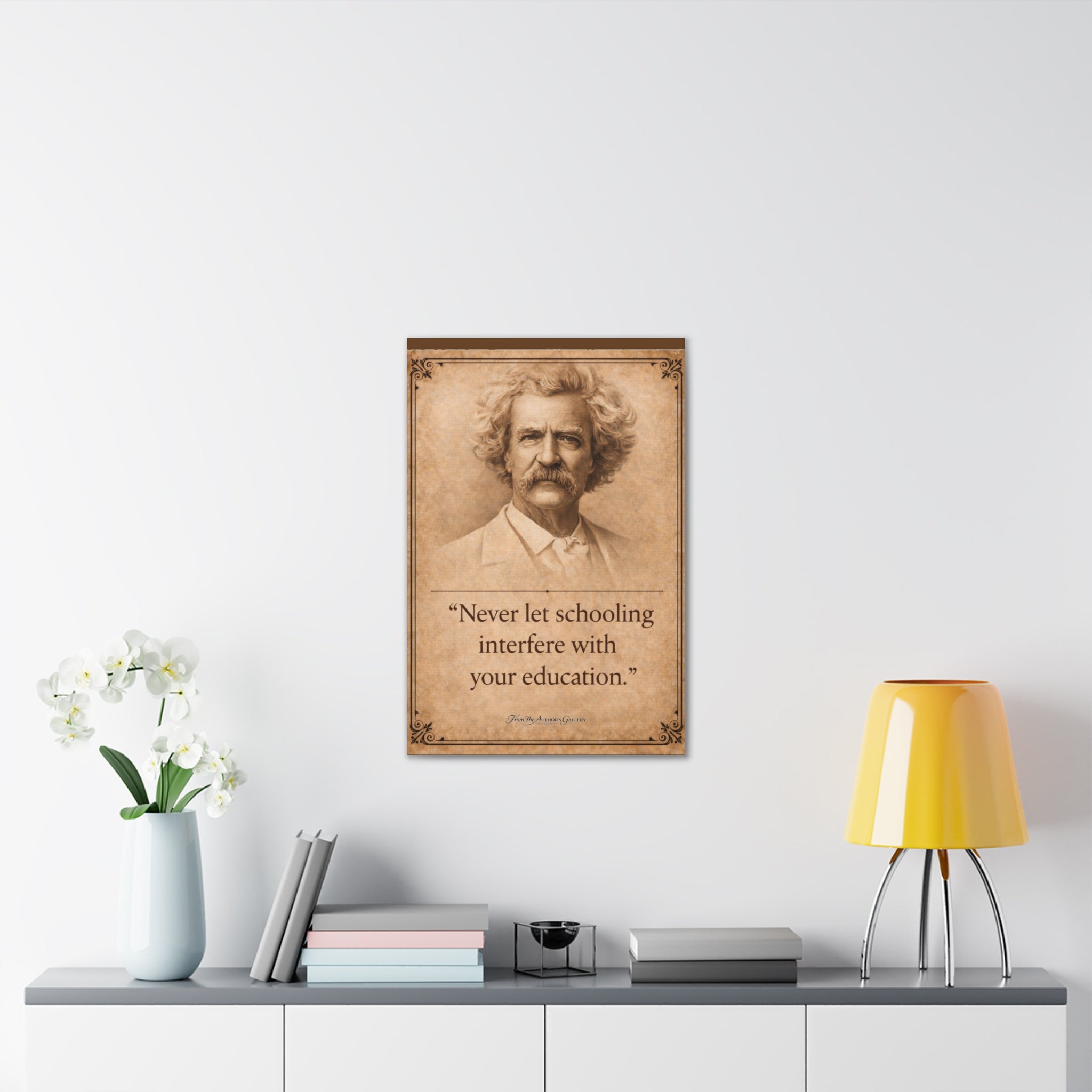 Mark Twain -- "Never let schooling..." -- Vintage Literary Canvas Piece