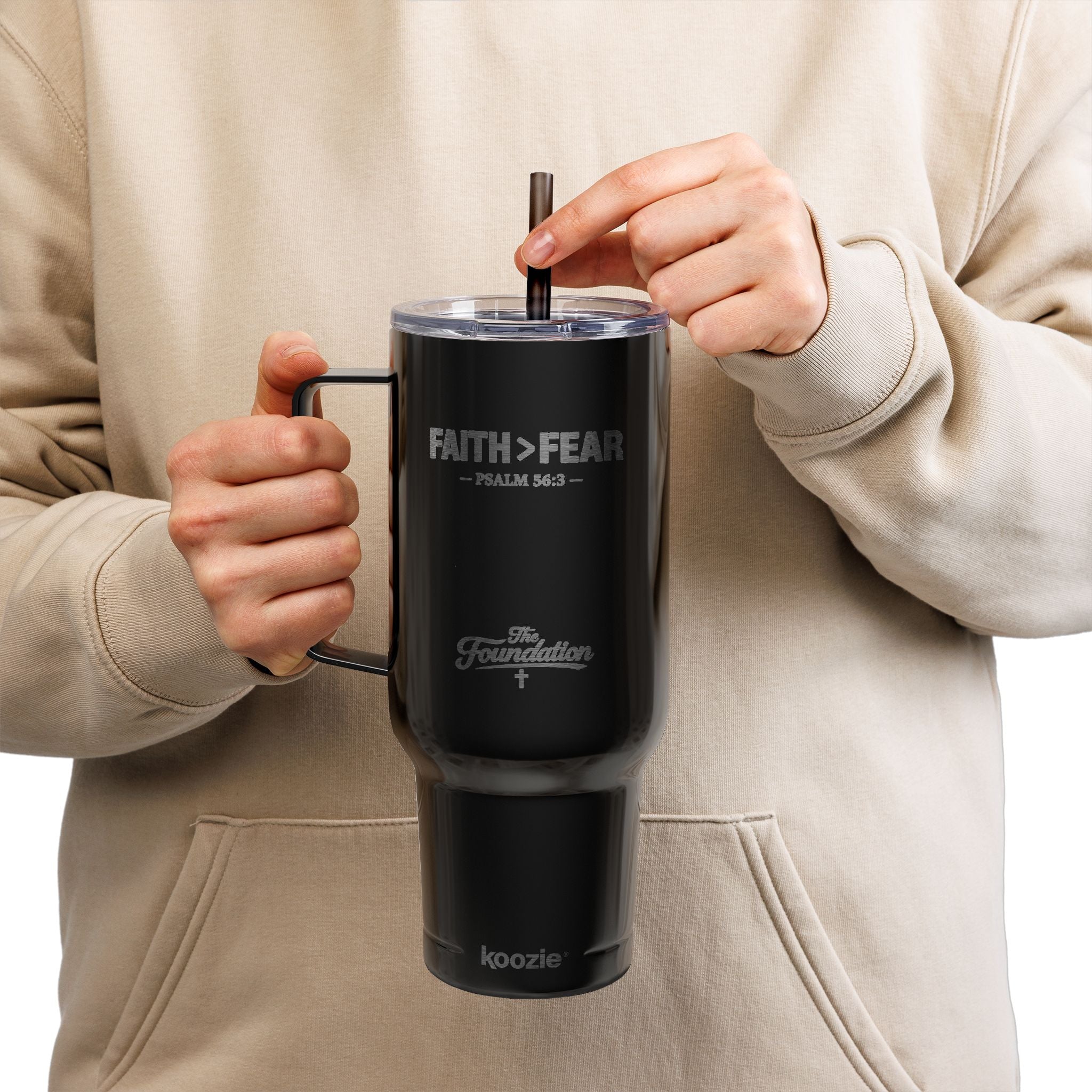 Faith > Fear — Psalm 56:3 Engraved 40oz Travel Mug | Insulated Koozie Tumbler with Handle | Christian Gift | The Foundation Collection