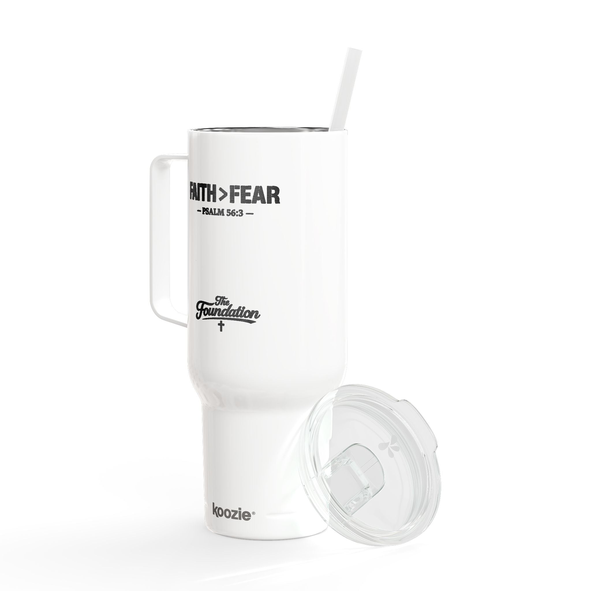 Faith > Fear — Psalm 56:3 Engraved 40oz Travel Mug | Insulated Koozie Tumbler with Handle | Christian Gift | The Foundation Collection