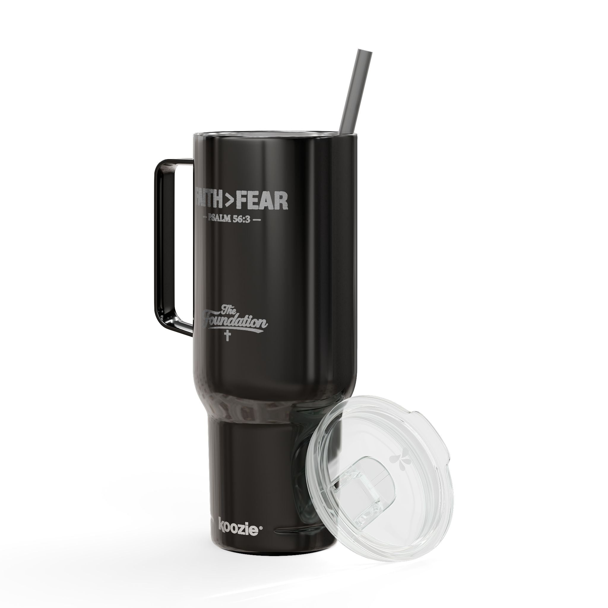 Faith > Fear — Psalm 56:3 Engraved 40oz Travel Mug | Insulated Koozie Tumbler with Handle | Christian Gift | The Foundation Collection