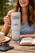 Not Ashamed — Romans 1:16 Engraved 40oz Travel Mug | Insulated Koozie Tumbler with Handle | Christian Statement Gift | The Foundation Collection