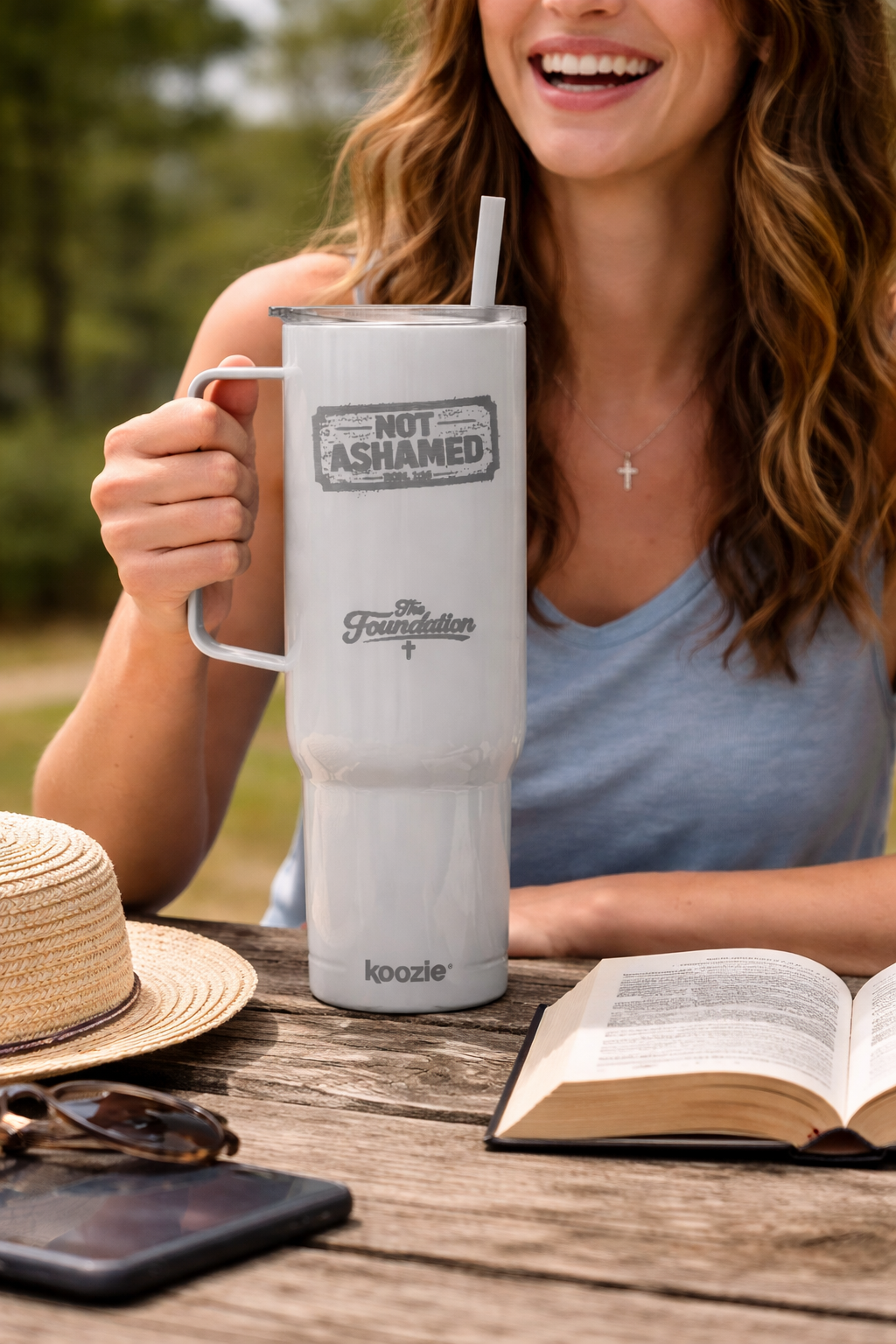 Not Ashamed — Romans 1:16 Engraved 40oz Travel Mug | Insulated Koozie Tumbler with Handle | Christian Statement Gift | The Foundation Collection