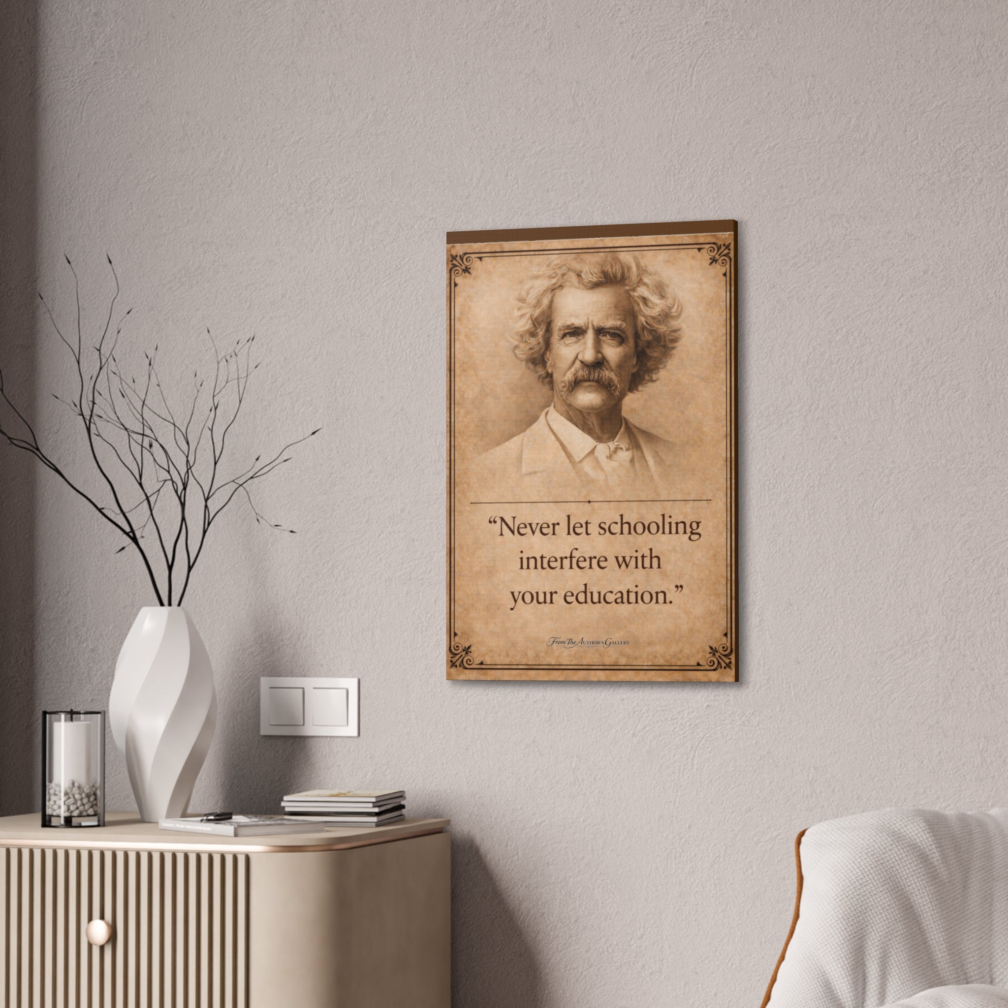 Mark Twain -- "Never let schooling..." -- Vintage Literary Canvas Piece