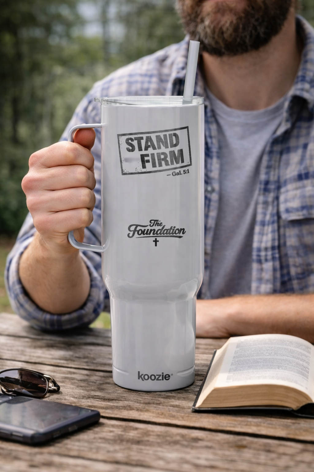 Stand Firm — Galatians 5:1 Engraved 40oz Travel Mug | Insulated Koozie Tumbler with Handle | Christian Faith Gift | The Foundation Collection