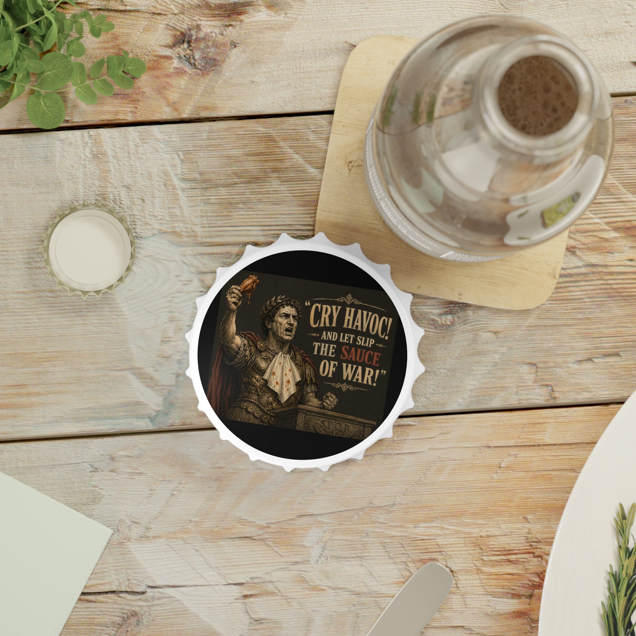Bottle Opener — “Cry Havoc! And Let Slip The Sauce of War” Roman Sauce Comedy Bar Tool