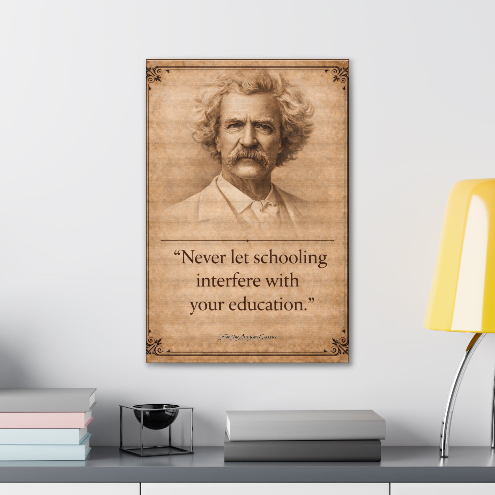 Mark Twain -- "Never let schooling..." -- Vintage Literary Canvas Piece