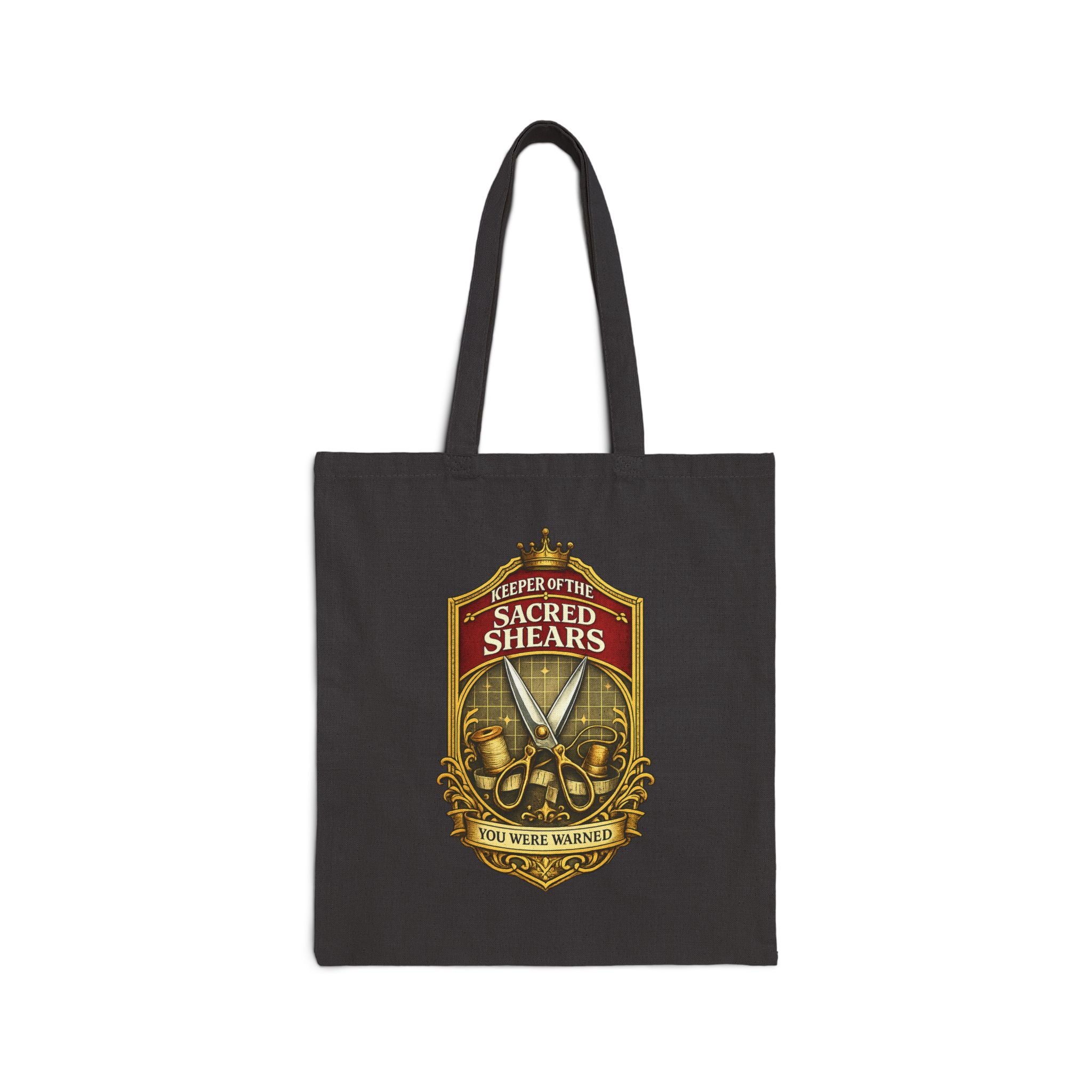 Tote Bag — "Sacred Shears" Sewing Humor Canvas Tote ("Consecrated for Fabric Only — Violators Will Be Pinking-Sheared")