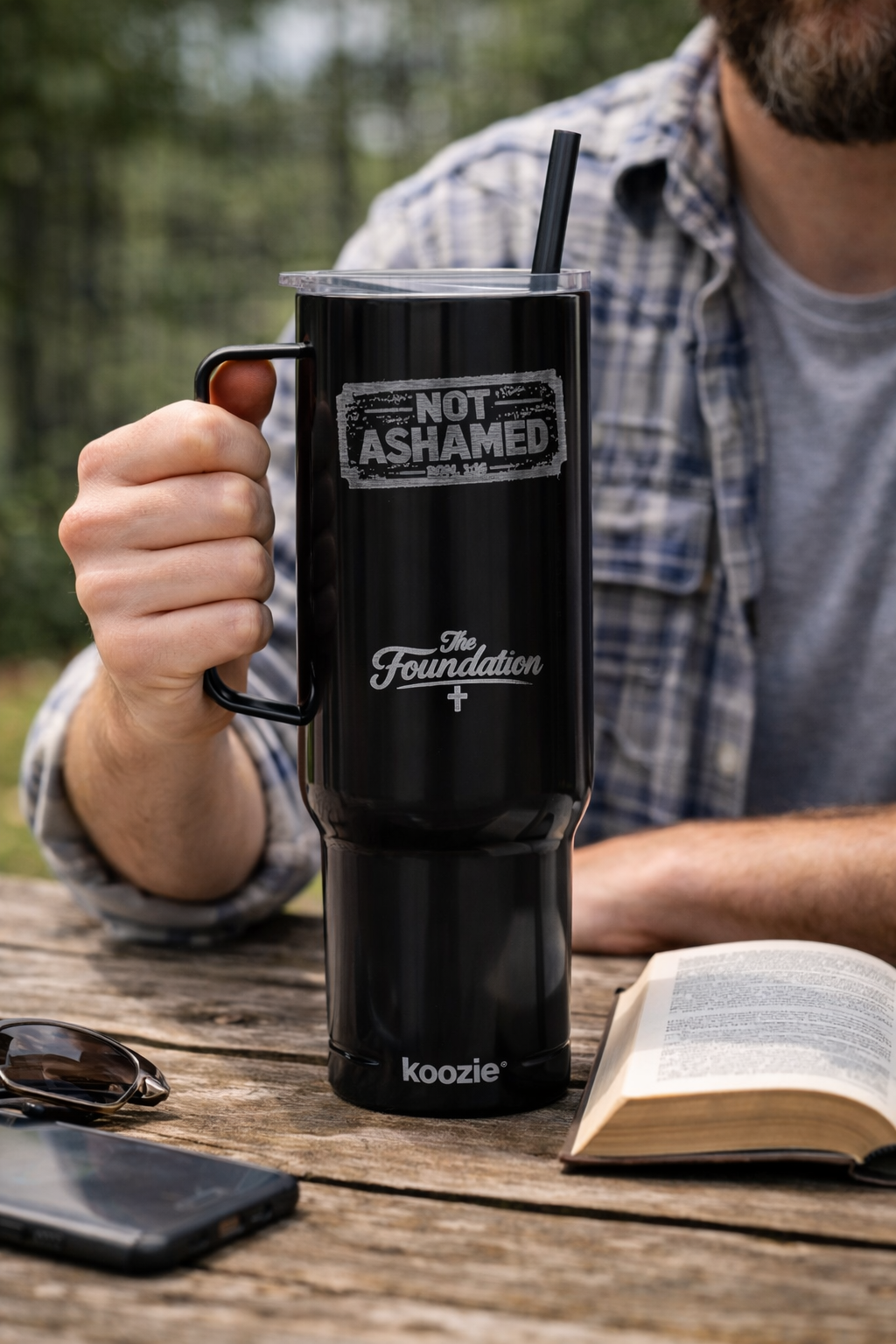 Not Ashamed — Romans 1:16 Engraved 40oz Travel Mug | Insulated Koozie Tumbler with Handle | Christian Statement Gift | The Foundation Collection