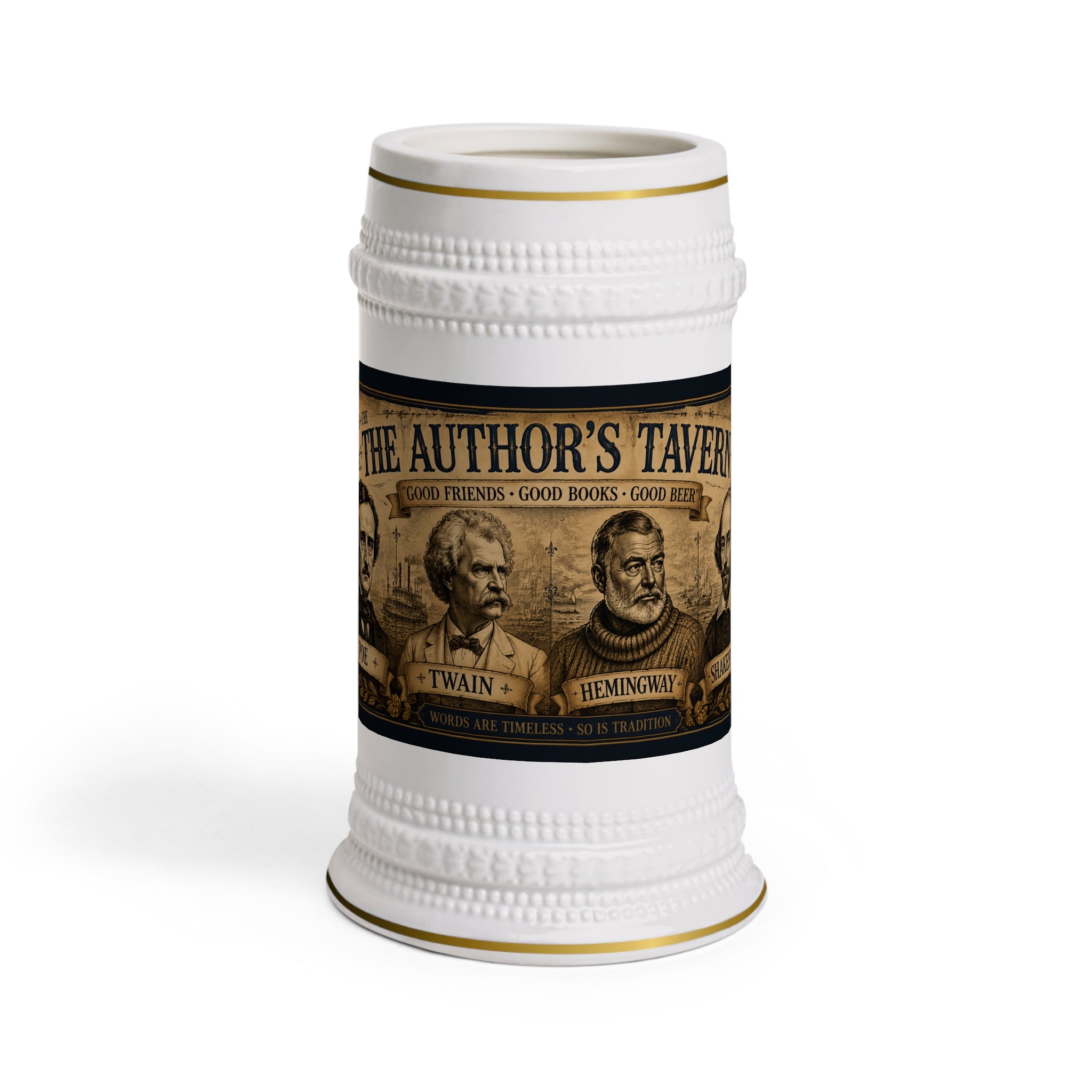 Author's Tavern Beer Stein – Literary Legends Mug (Poe, Twain, Hemingway & Shakespeare)
