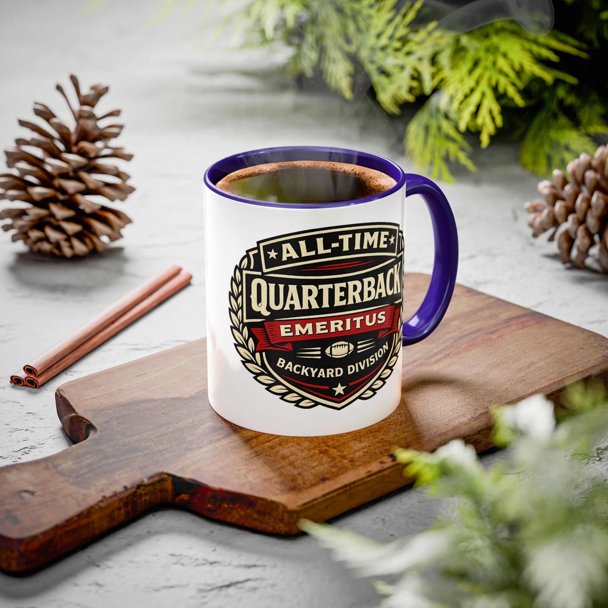 Mug - 'All-Time Quarterback Emeritus' Vintage Football Crest Coffee Mug (11oz/15oz)