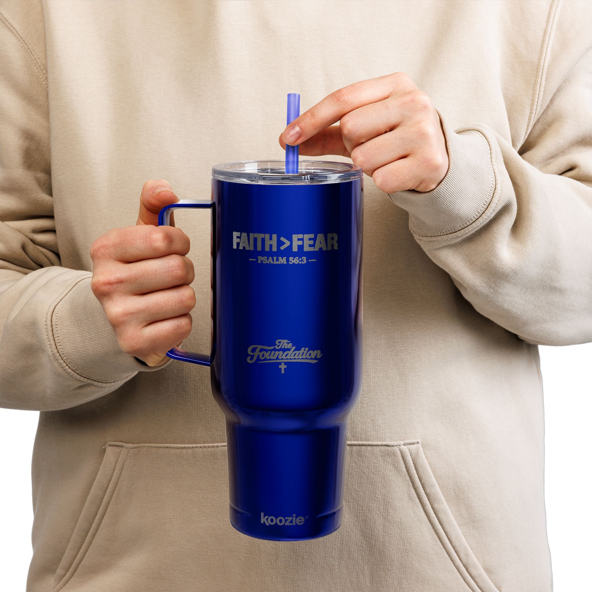 Faith > Fear — Psalm 56:3 Engraved 40oz Travel Mug | Insulated Koozie Tumbler with Handle | Christian Gift | The Foundation Collection