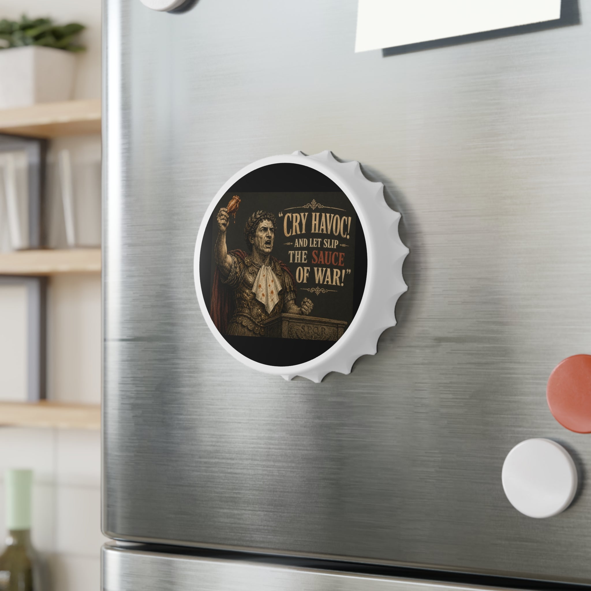 Bottle Opener — “Cry Havoc! And Let Slip The Sauce of War” Roman Sauce Comedy Bar Tool