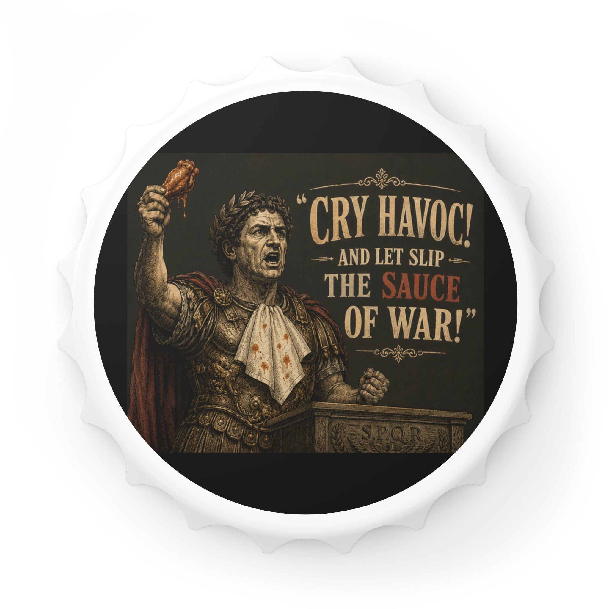 Bottle Opener — “Cry Havoc! And Let Slip The Sauce of War” Roman Sauce Comedy Bar Tool