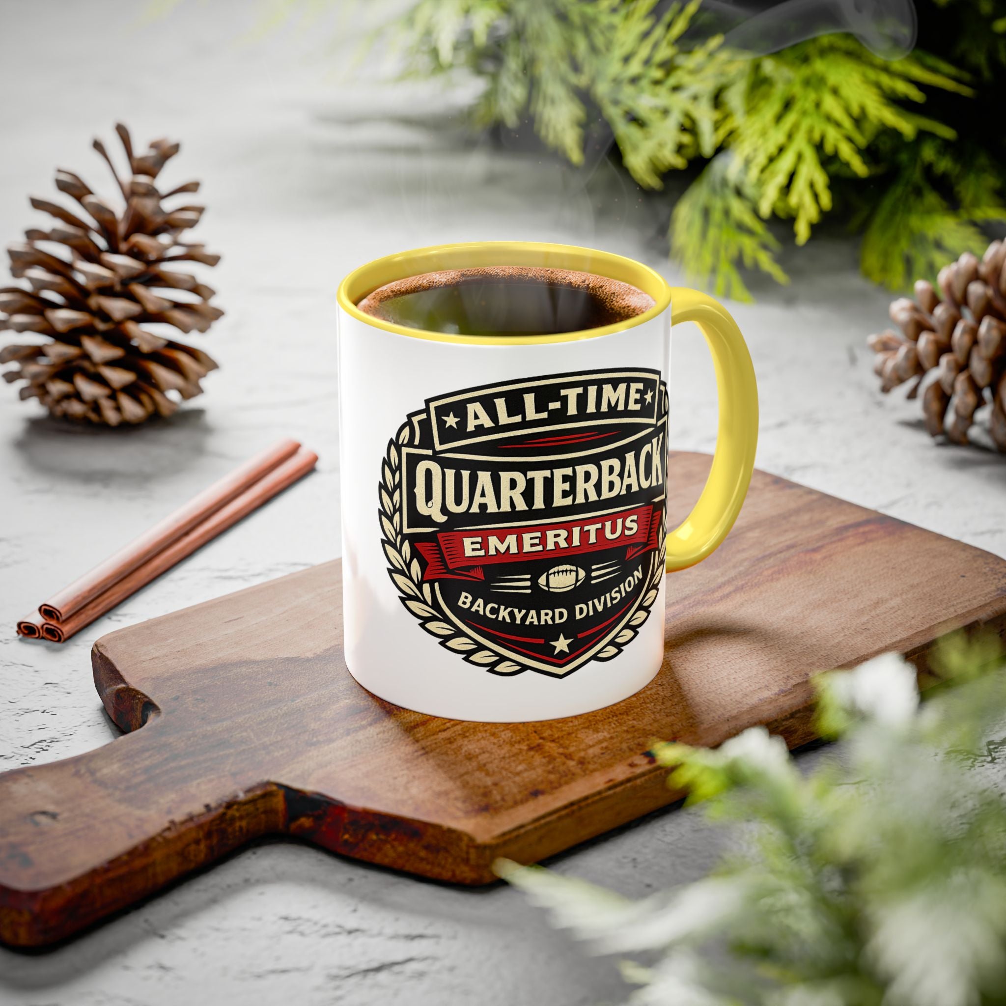 Mug - 'All-Time Quarterback Emeritus' Vintage Football Crest Coffee Mug (11oz/15oz)